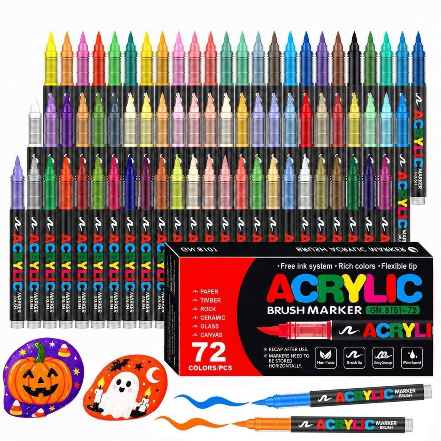 72er-Set Acryl-Pinselmarker mit farbigen Markerspitzen, Aufbewahrungsbox und Beispielzeichnungen von Kürbis und Gespenst auf weißem Hintergrund.