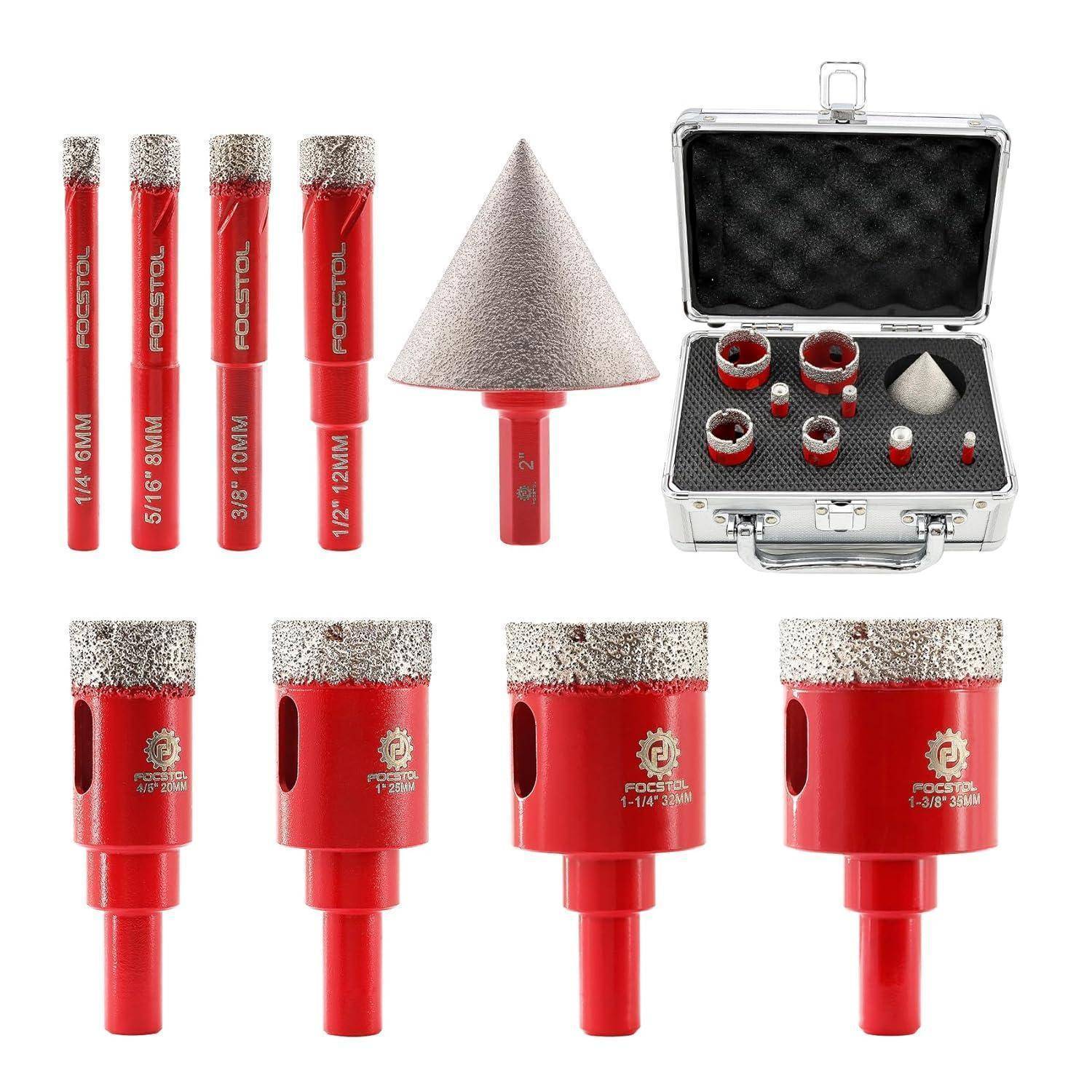 FOCSTOL Diamant Fliesenbohrer Set - 6/8/10/12/20/25/32/35mm Diamant Lochsäge Set mit Rundschaft+50mm Fasenbohrer mit Sechskantschaft für Porzellan