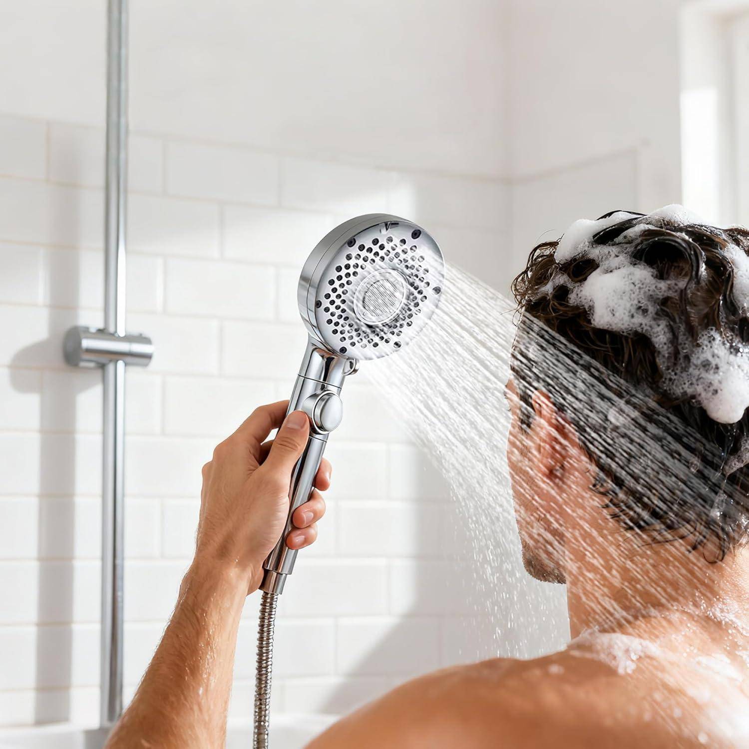 Foneso Duschkopf, wassersparender Handbrause mit 6 Strahlarten, Duschkopf Wassersparend mit Wasserstop Funktion, Geeignet zur Reinigung von