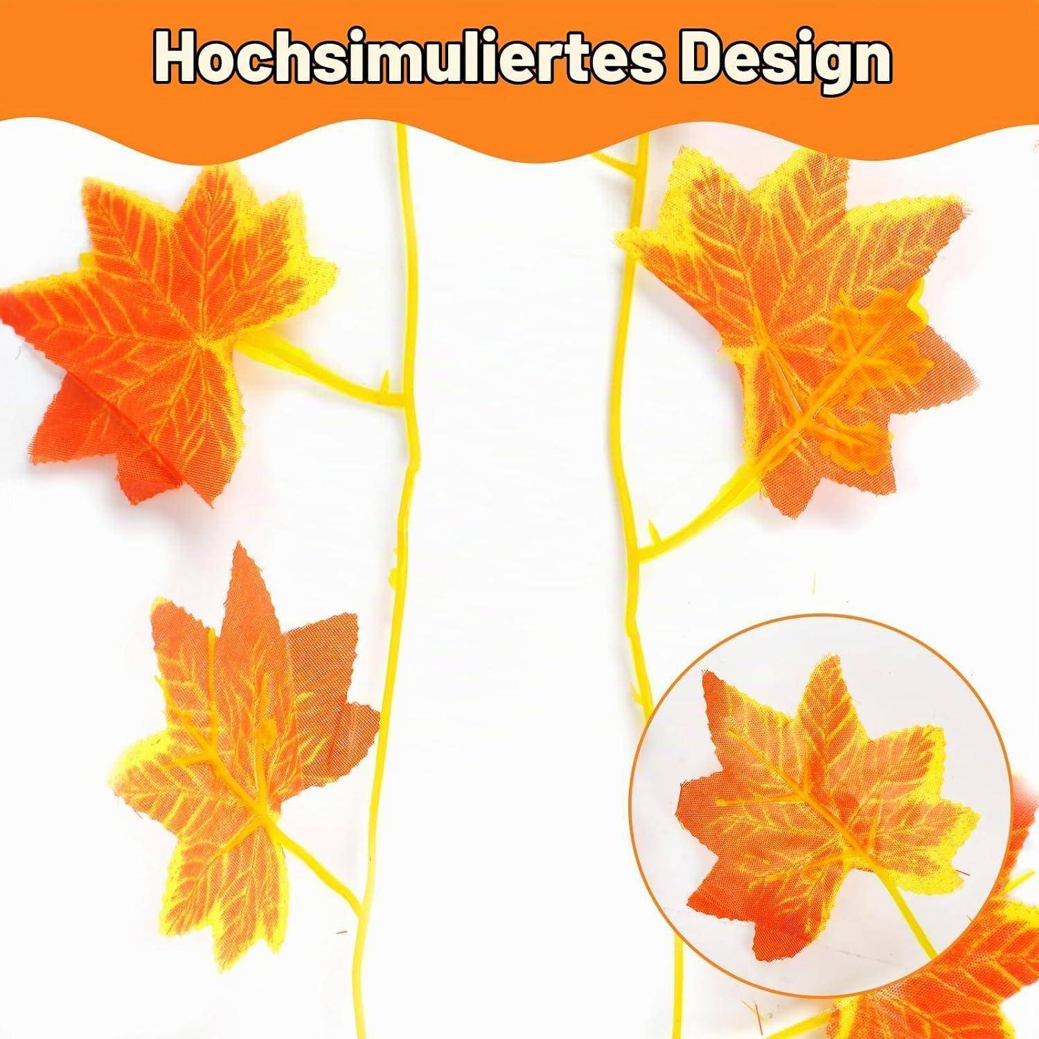 Herbstblatt-Design mit der Bezeichnung „Hochsimuliertes Design", das orange-gelbe Ahornblätter auf dünnen gelben Ästen zeigt, mit einem Blatt, das in einem Kreis hervorgehoben ist.