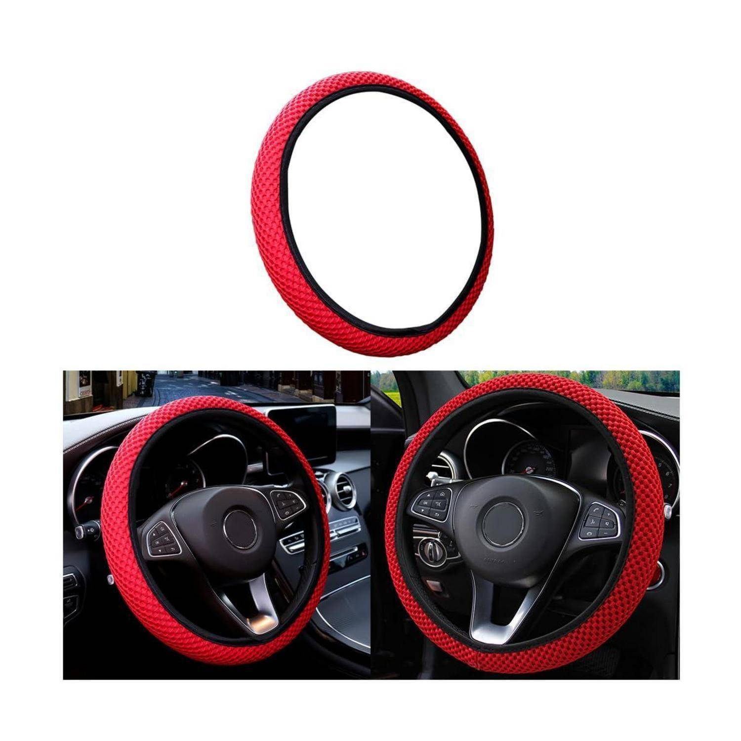 Rote strukturierte Lenkradabdeckung auf weißem Hintergrund gezeigt und in zwei Innenraumansichten auf einem Auto-Lenkrad montiert.