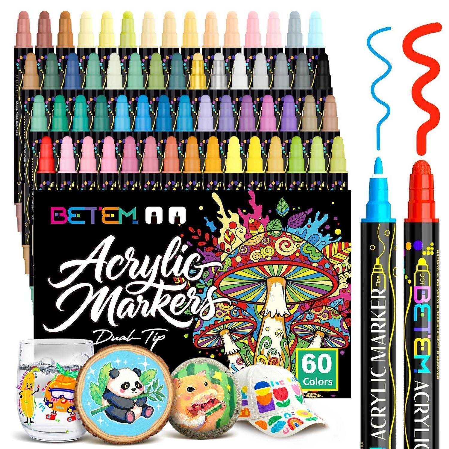 Anzeige von BETEM Acrylmarkern mit Doppelspitze, 60 Farben, mit bunten Markerkappen, zwei Markerstifte mit blauen und roten Spitzen sowie Beispielkunstaufkleber/Illustrationen.
