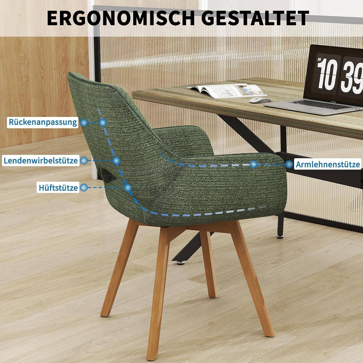 Ergonomischer grüner gepolsterter Stuhl neben einem Schreibtisch abgebildet, mit Beschriftungen, die Rücken-, Lenden-, Hüft- und Armstützenfunktionen anzeigen.