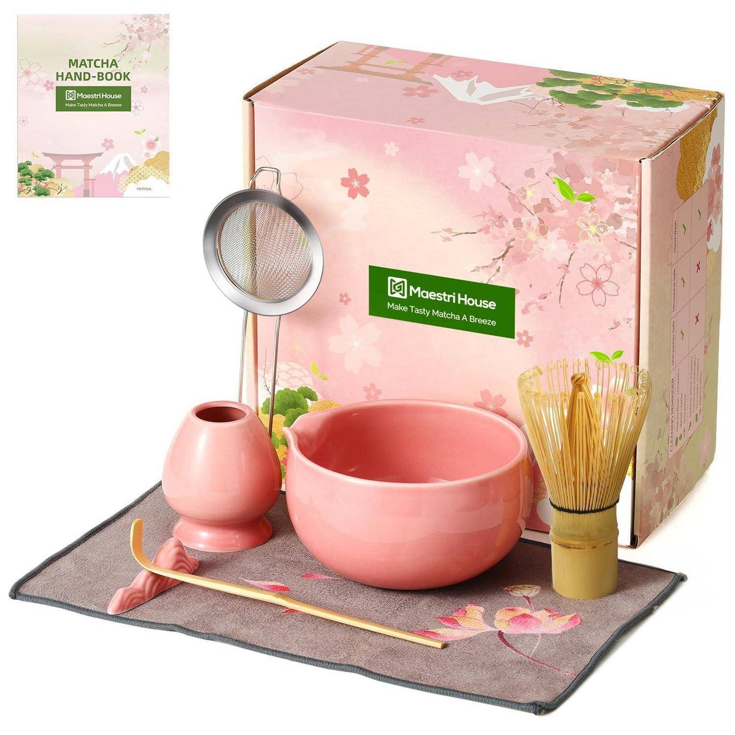 Maestri House Matcha Besen Set Geschenkset 7-Teilig in Rosa | Japanisches Matcha Zubehör Set mit Ausgießer-Schale, Bambus Chasen & Halter, Hochwerti