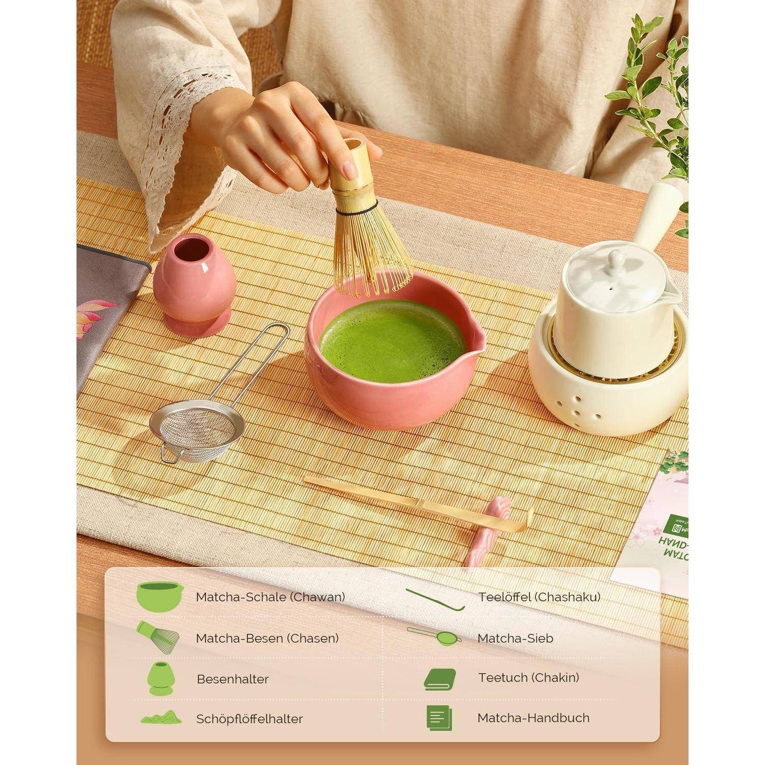 Maestri House Matcha Besen Set Geschenkset 7-Teilig in Rosa | Japanisches Matcha Zubehör Set mit Ausgießer-Schale, Bambus Chasen &amp; Halter, Hochwerti