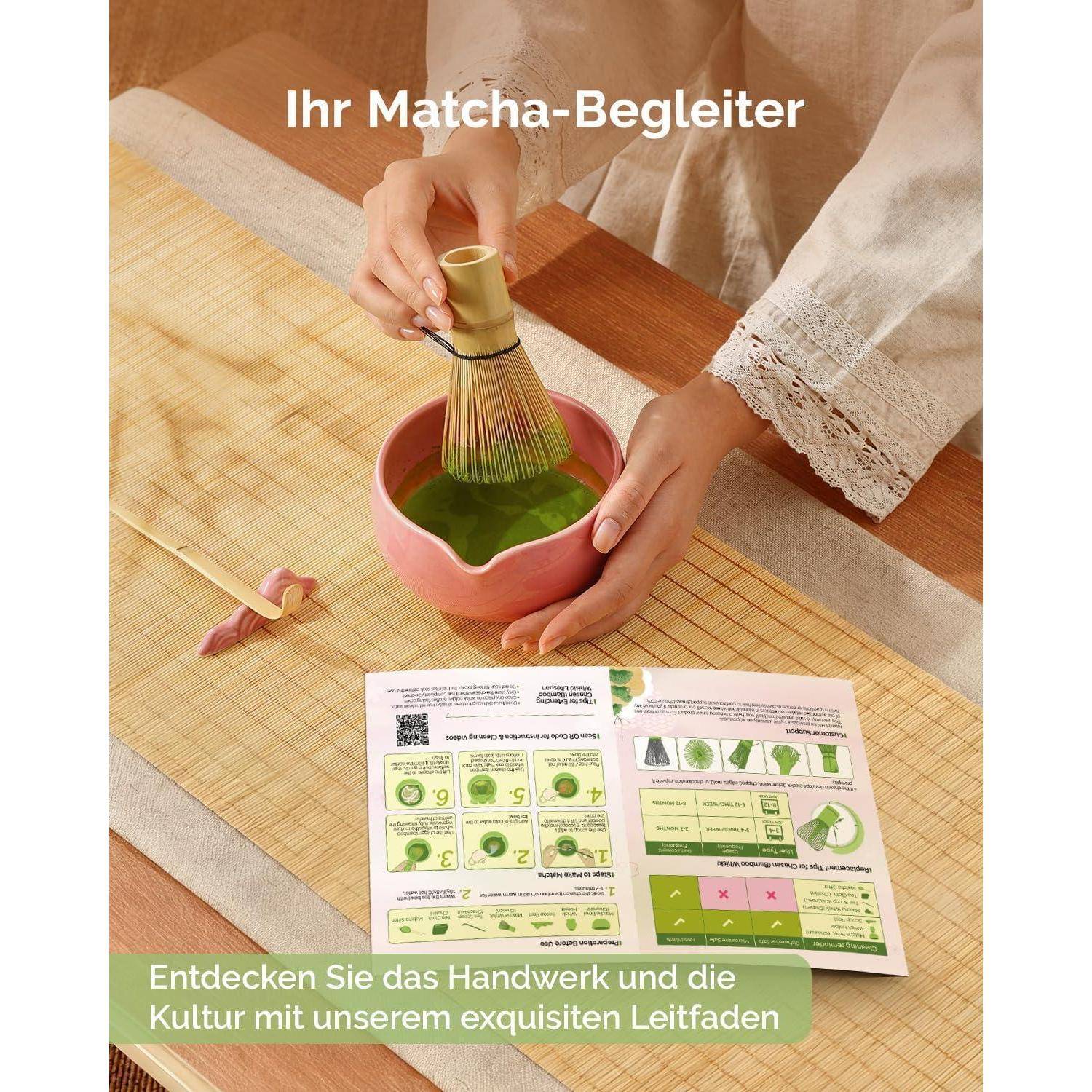 Maestri House Matcha Besen Set Geschenkset 7-Teilig in Rosa | Japanisches Matcha Zubehör Set mit Ausgießer-Schale, Bambus Chasen &amp; Halter, Hochwerti