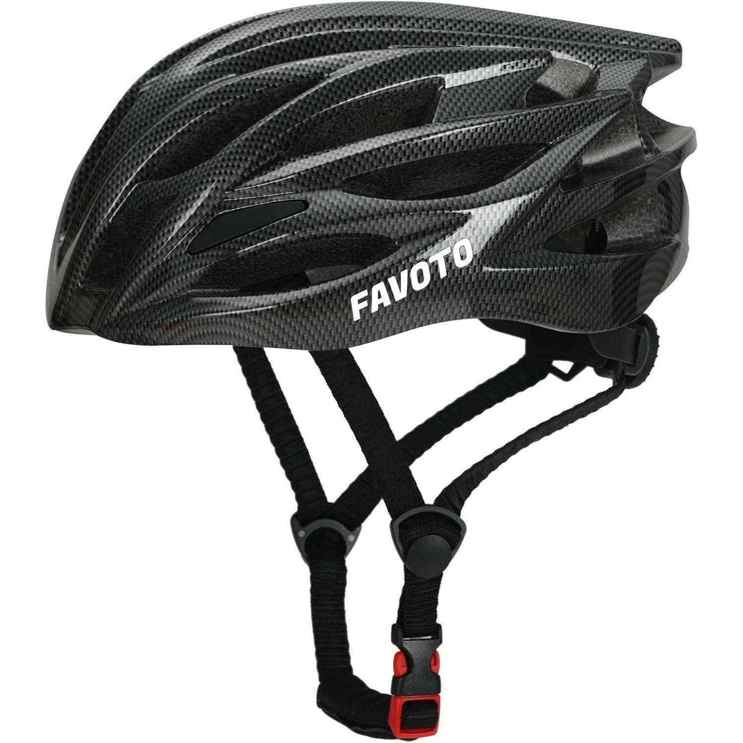 Schwarzer FAVOTO Fahrradhelm mit verstellbaren Kinnriemen, gezeigt auf weißem Hintergrund.