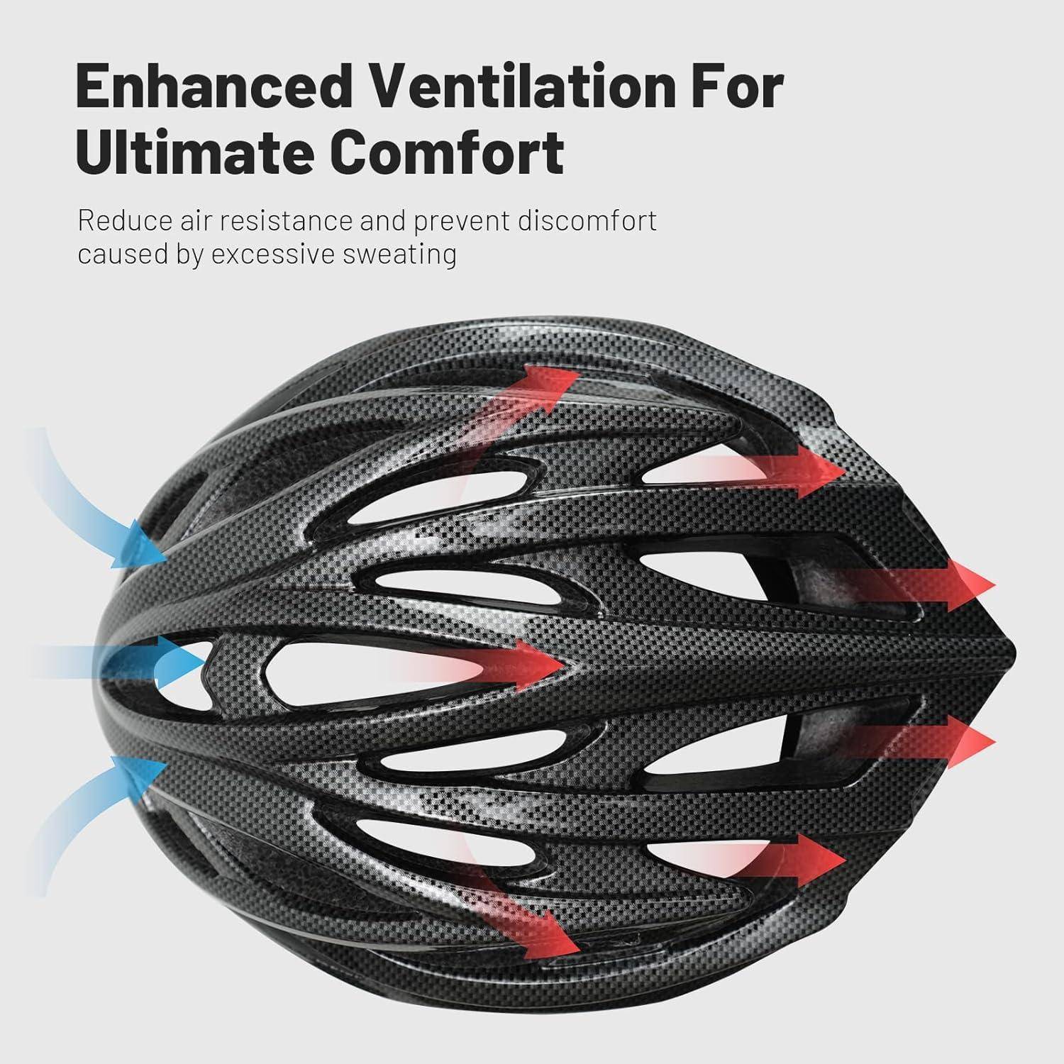 Illustration eines Fahrradhelms mit Luftströmungspfeilen und Text „Verbesserte Belüftung für ultimativen Komfort