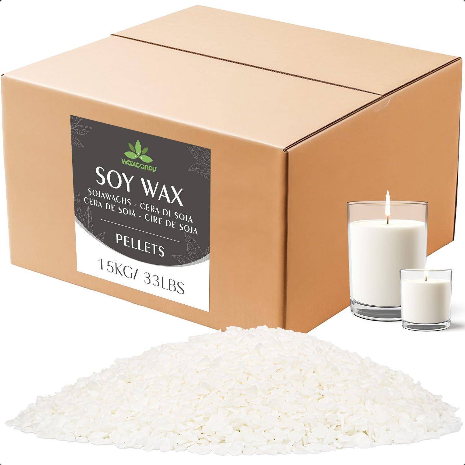 Schachtel mit Sojakerzen-Wachspellets mit der Aufschrift „SOY WAX PELLETS