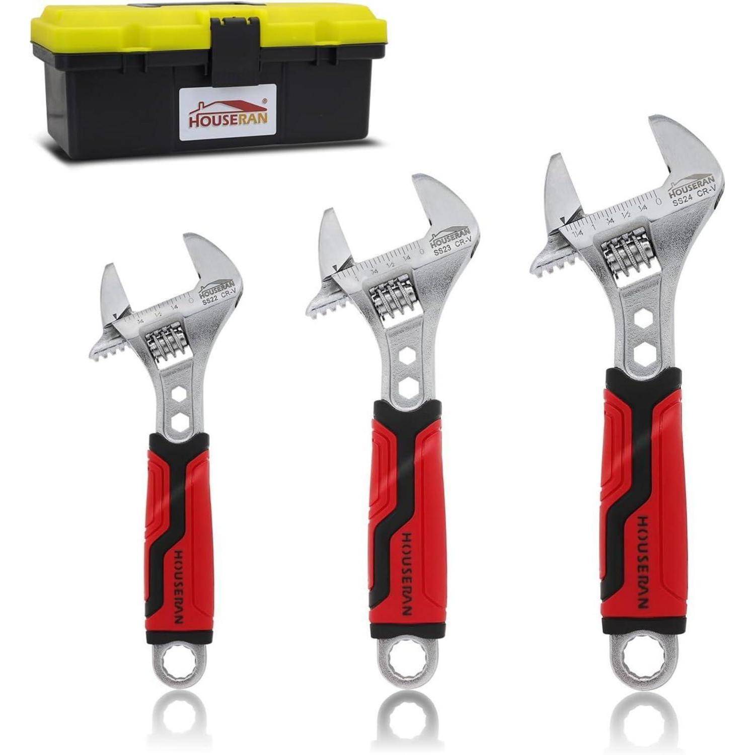 HOUSERAN 3-teiliges Schraubenschlüssel-Set, 160, 210 und 260mm Rollgabelschlüssel, Einmaulschlüssel aus Cr-V Stahl,Verstellbare Engländer mit extr