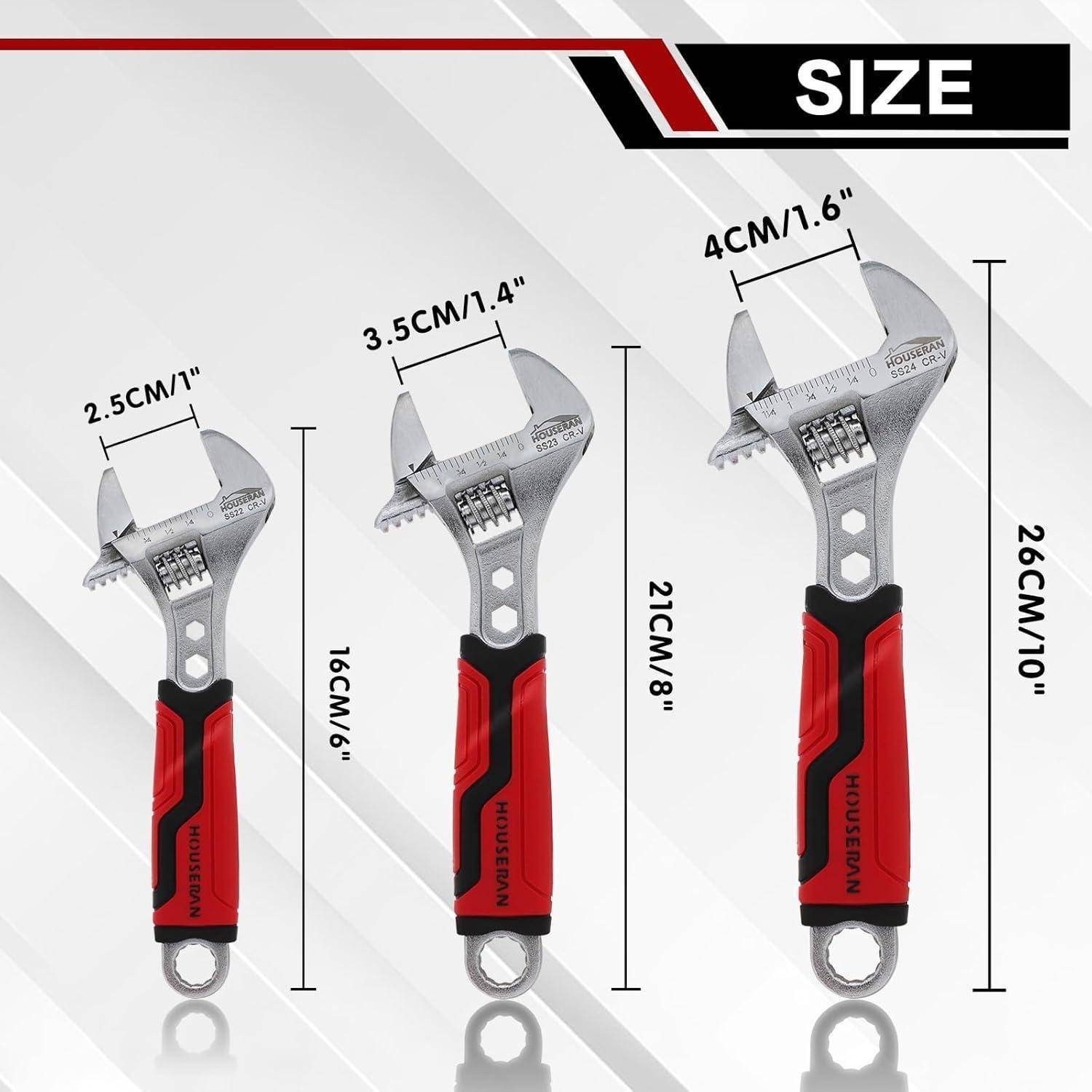 HOUSERAN 3-teiliges Schraubenschlüssel-Set, 160, 210 und 260mm Rollgabelschlüssel, Einmaulschlüssel aus Cr-V Stahl,Verstellbare Engländer mit extr