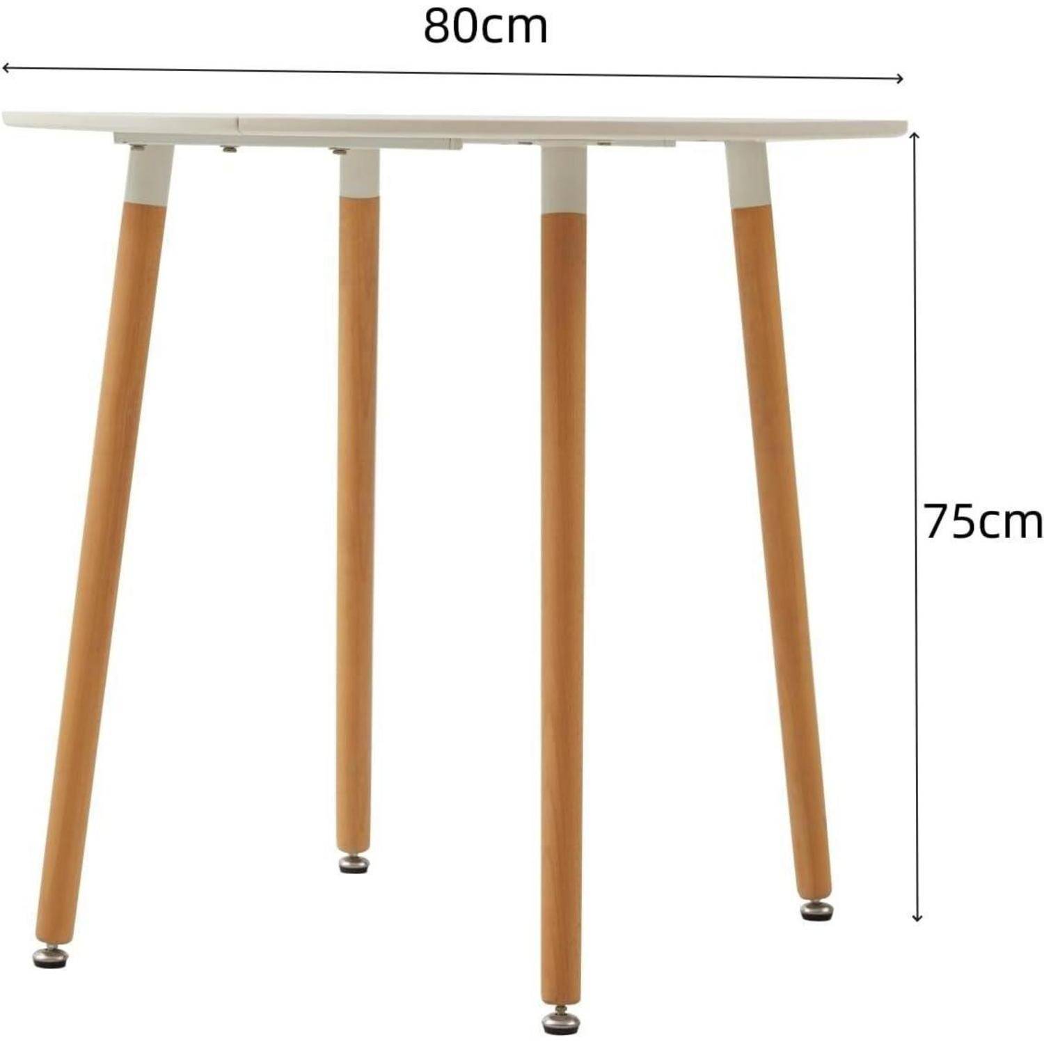 Produktbild eines runden Tisches mit vier Holzbeinen, beschriftet mit 80 cm Breite und 75 cm Höhe.