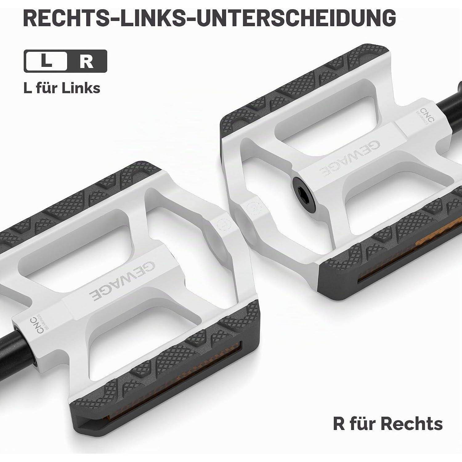 Diagramm zeigt Fahrradpedale mit den Bezeichnungen „L" und „R"" für die linke und rechte Seite, mit deutschem Text „L für Links"" und „R für Rechts"".