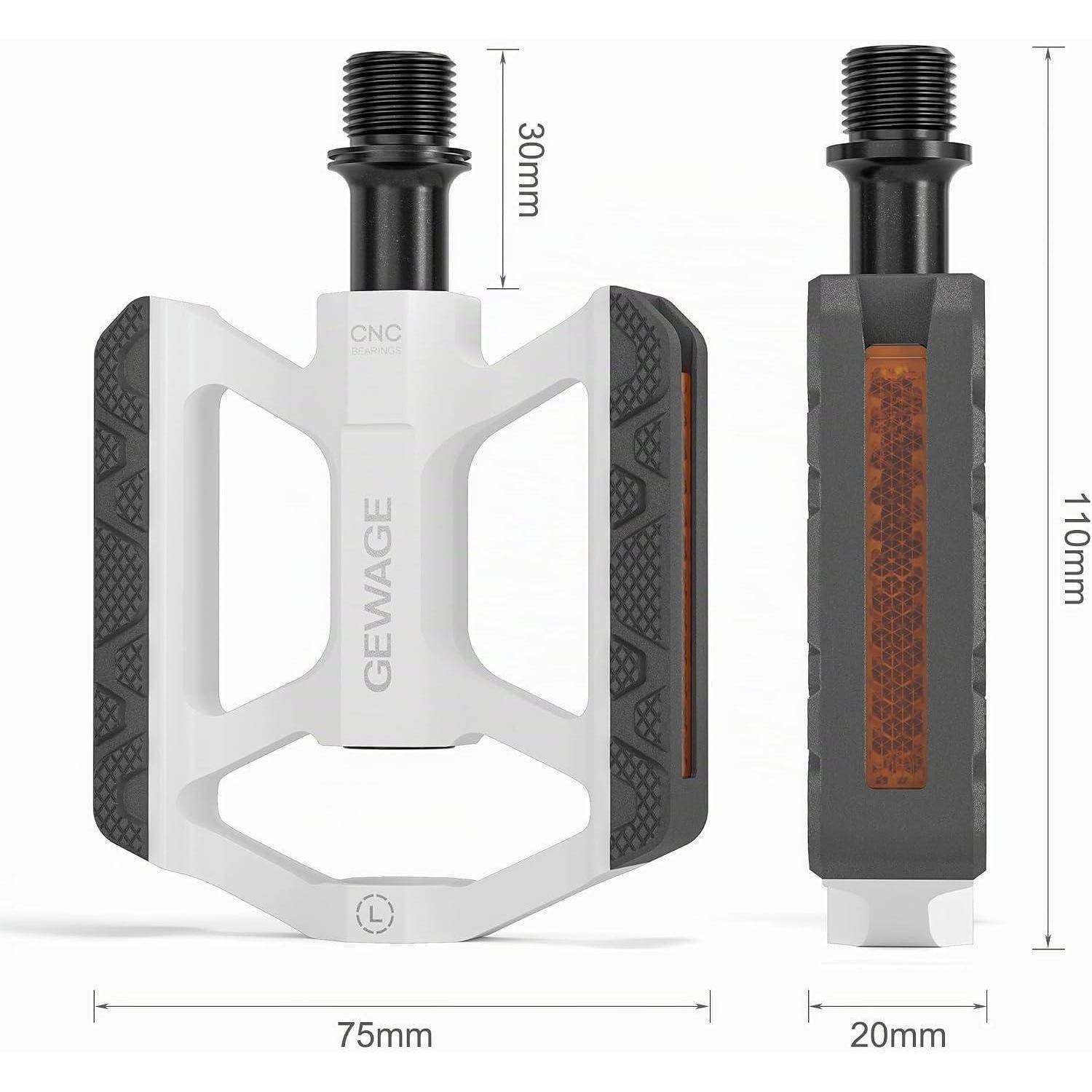 Produktbild eines flachen Fahrradpedals in Vorder- und Seitenansicht, gekennzeichnet mit 75 mm Breite, 110 mm Länge und 30 mm Gewindehöhe.