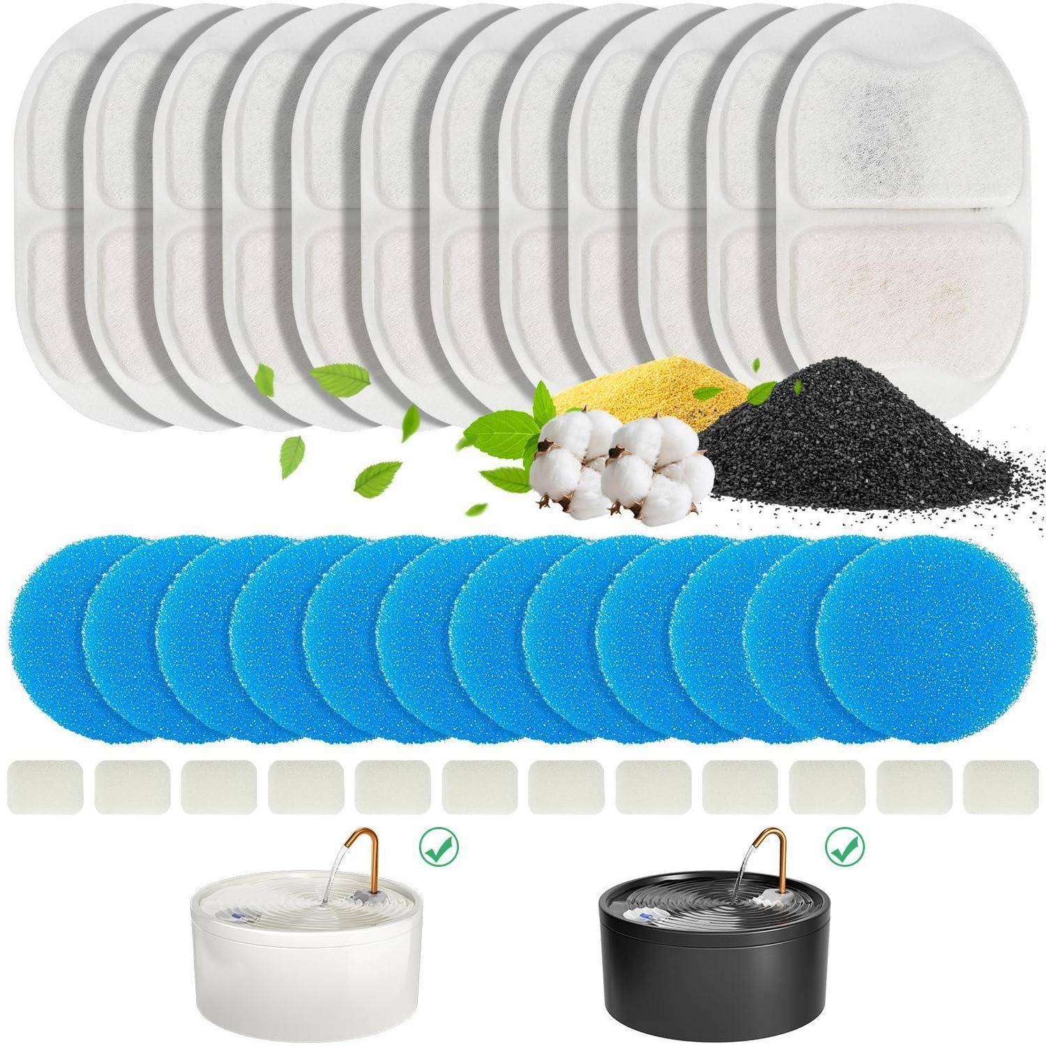 Collage aus ovalen Scheuerpads und zwei Metall-Topfreinigern in Weiß und Schwarz, mit oben gezeigten Reinigungsmaterialien und Wasser in Töpfen unten, was wiederverwendbare Kücheneinigunswerkzeuge andeutet.