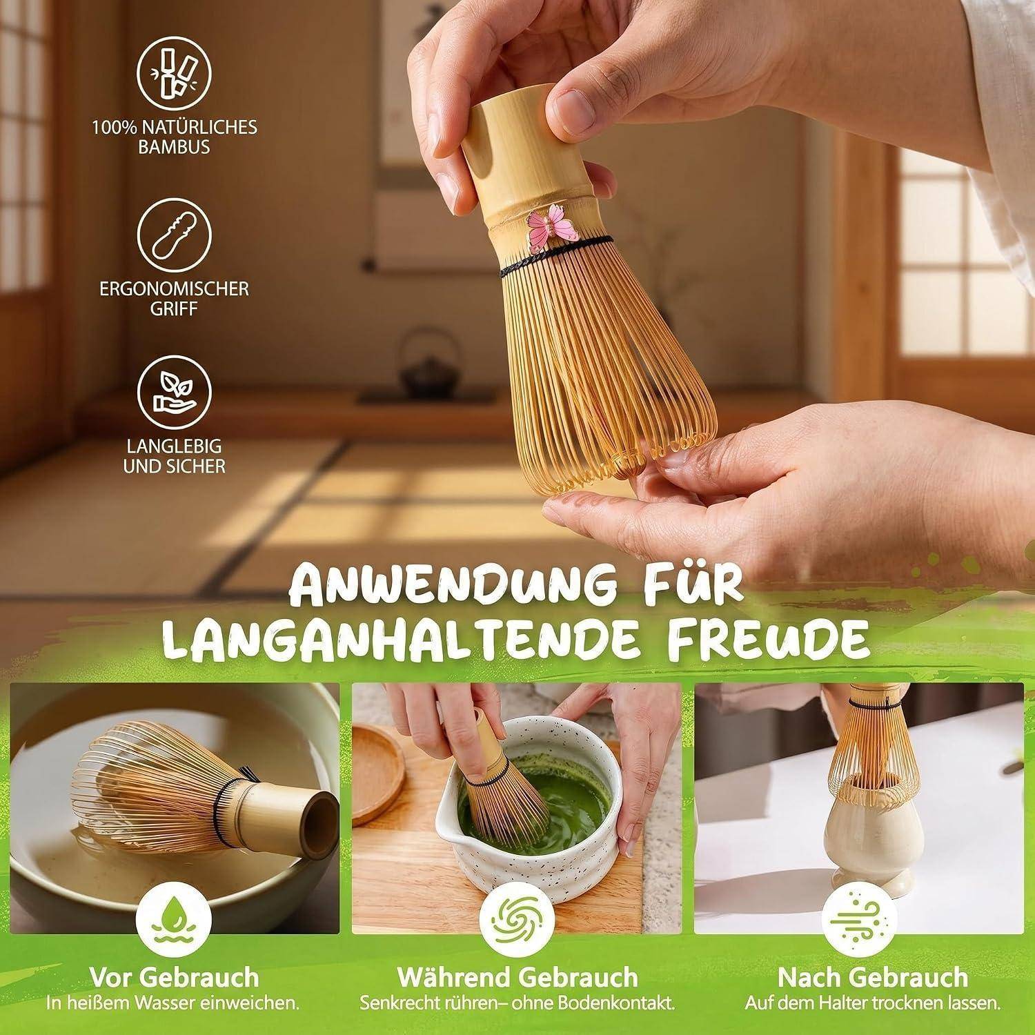 Matcha Set 8-Piece Premium Tea Ceremony Kit with Ceramic Bowl, 100+ Tines Bamboo Whisk (Chasen), Holder, Spoon, Strainer &amp; Cloth (Weiß, Weiß Farbver