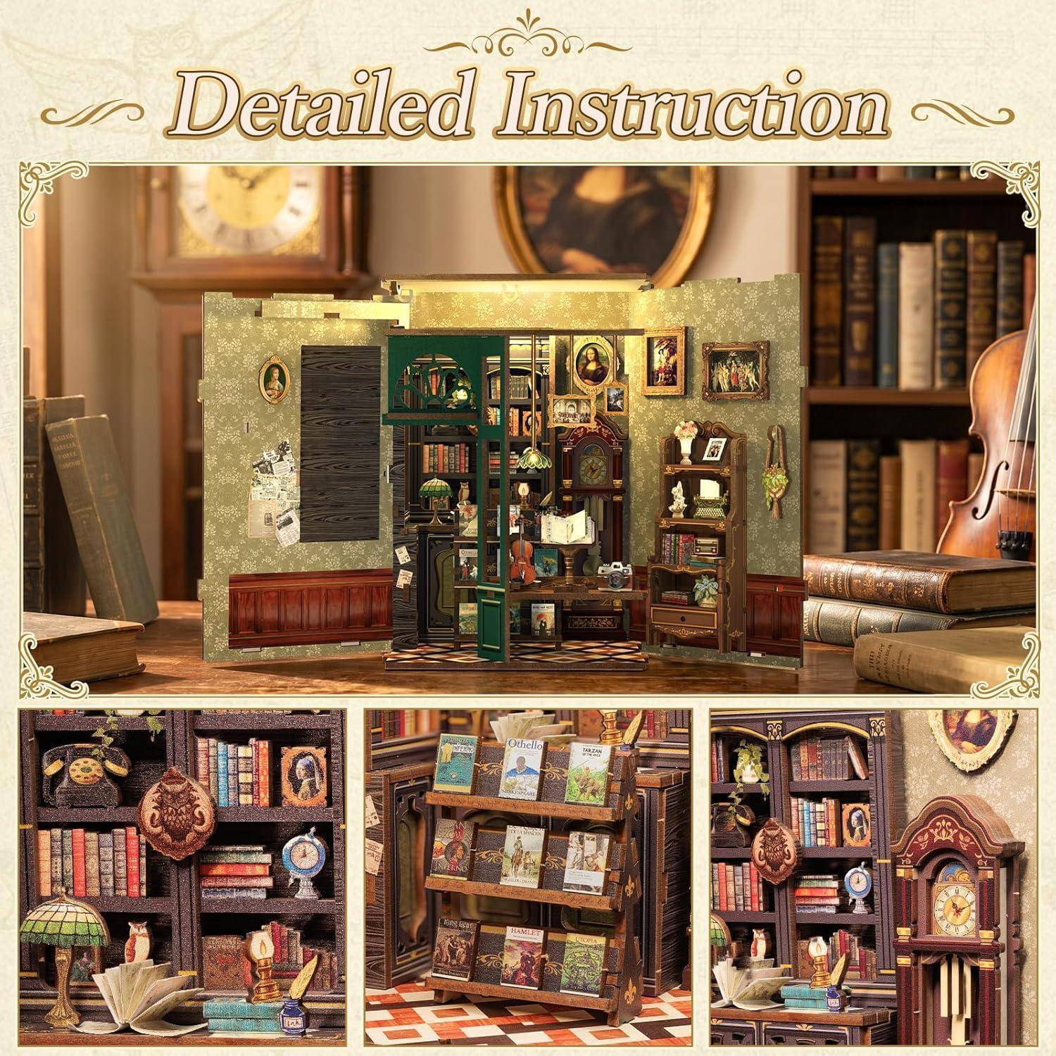 Werbekollage mit der Bezeichnung 'Detaillierte Anleitung' zeigt miniaturisierte Puppenhaus-ähnliche Bibliotheks- und Arbeitszimmerausstattungen mit Regalen, Büchern, Schreibtisch, Lampen, Uhr und dekorativen Möbeln.