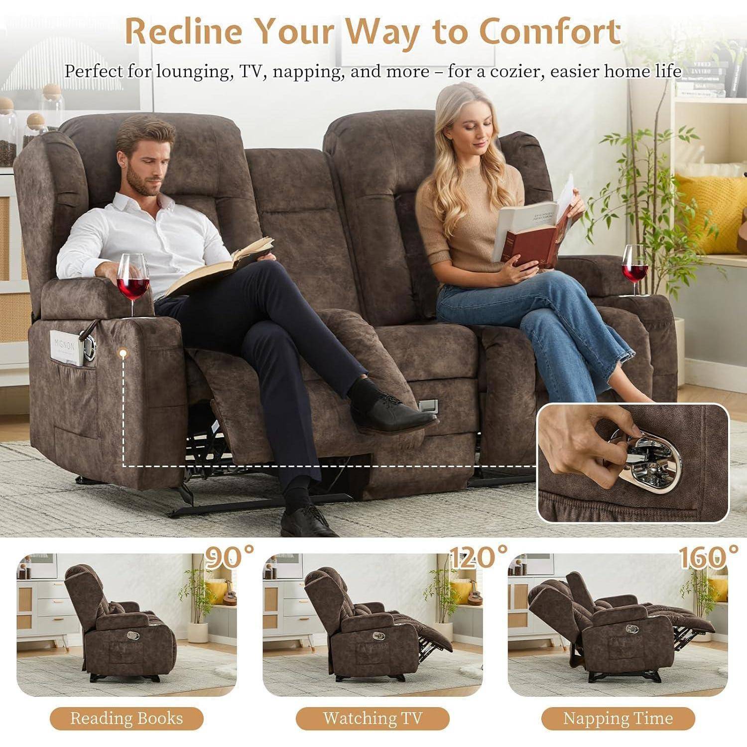 Anzeige für ein braunes Relaxiertes Sofa mit Wärme-/Massagefunktionen, dargestellt mit einem Paar beim Lesen, sowie Seitenansichten bei 90°, 120° und 160° gekennzeichnet für Lesen, Fernsehen und Nickerchen.