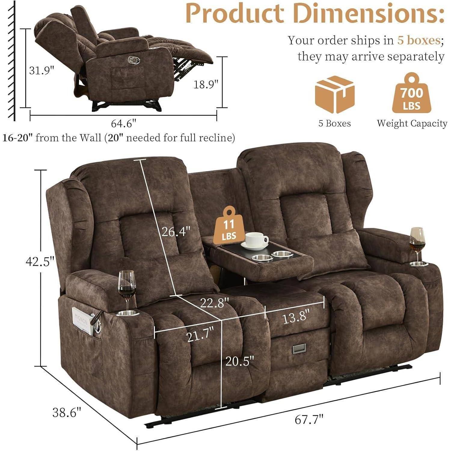 Produktabmessungen-Diagramm für ein braunes Relaxsofa: 67,7