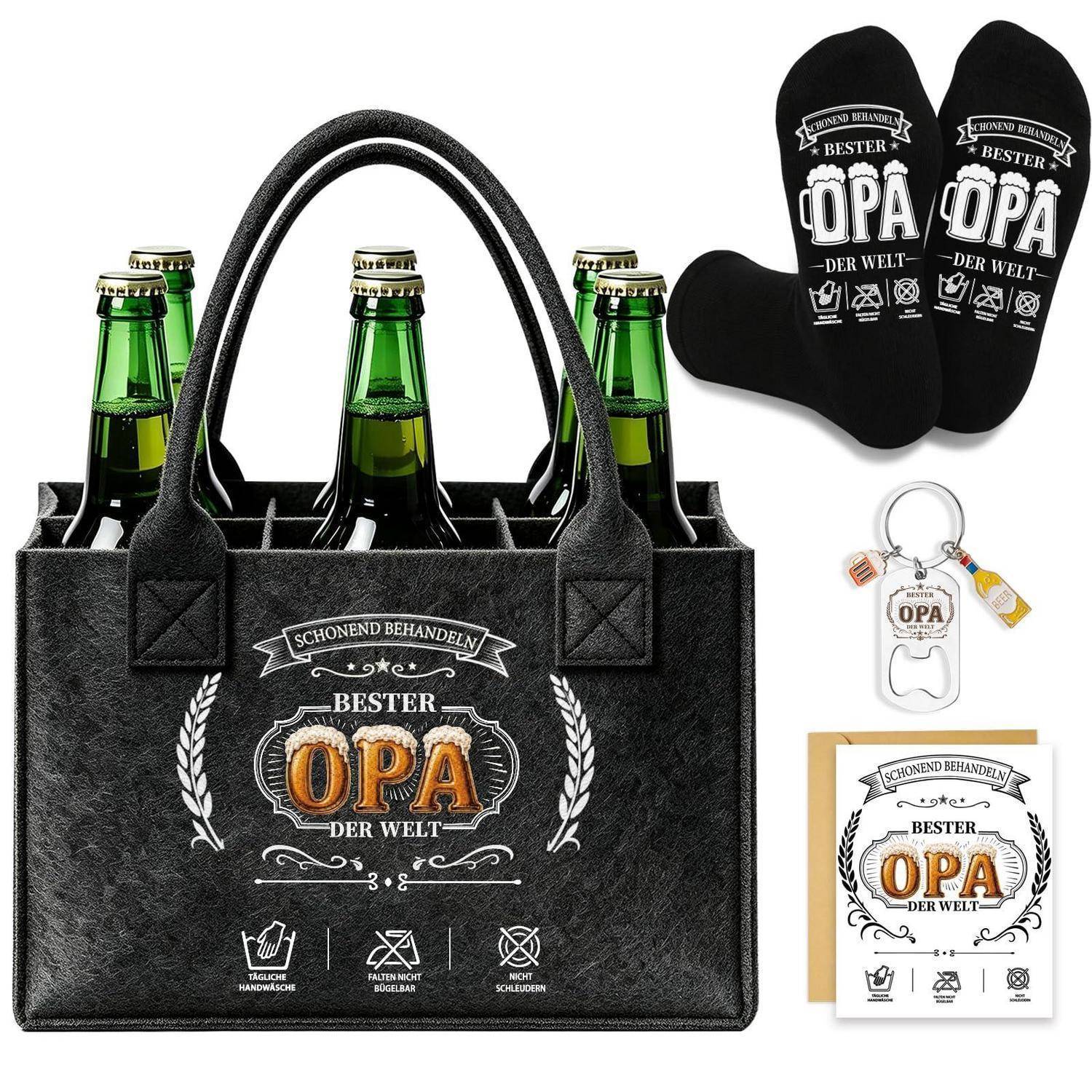 Geschenkset für Opa: Filz-Bierträger mit sechs Flaschen, schwarze Ofenhandschuhe, Flaschenöffner-Schlüsselanhänger und passende Karte „Bester Opa der Welt