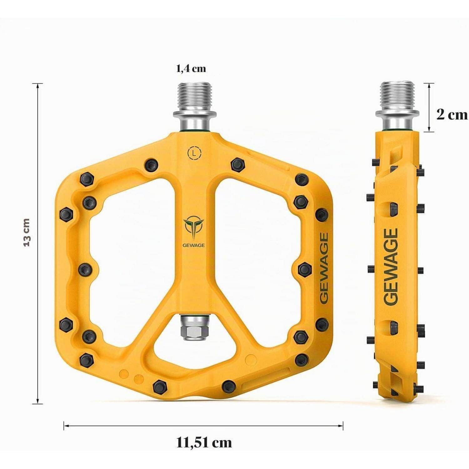 Gelbes GEWAGE Fahrradpedal mit Vorder- und Seitenansicht und Abmessungen: 13 cm Höhe, 11,51 cm Breite, 1,4 cm Gewinde und 2 cm Dicke.