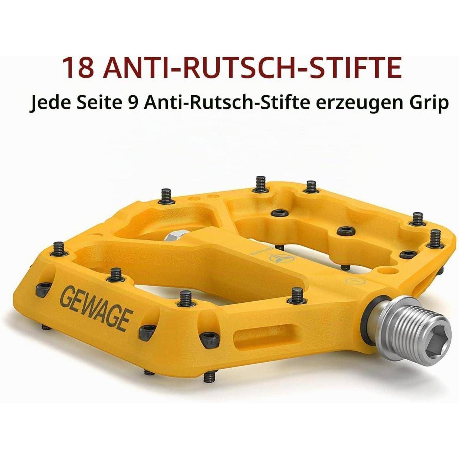 Gelbes Gewage-Fahrradpedal mit 18 rutschfesten Stiften; der Text besagt, dass jede Seite 9 rutschfeste Stifte zum Greifen hat.
