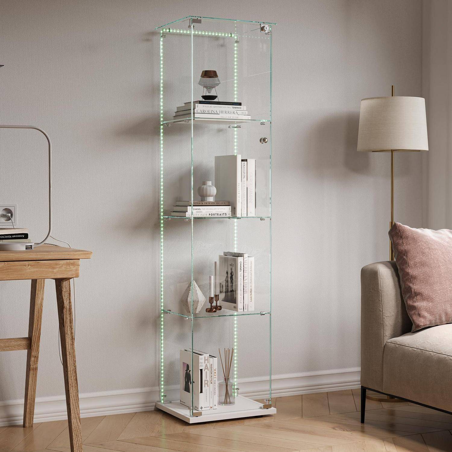 Glasvitrine Standvitrine mit LED Beleuchtung, Glasvitrine Stehend mit 4 Glasböden & 1 Glastüren abschließbar, Vitrinenschrank für Wohnzimmer Büro