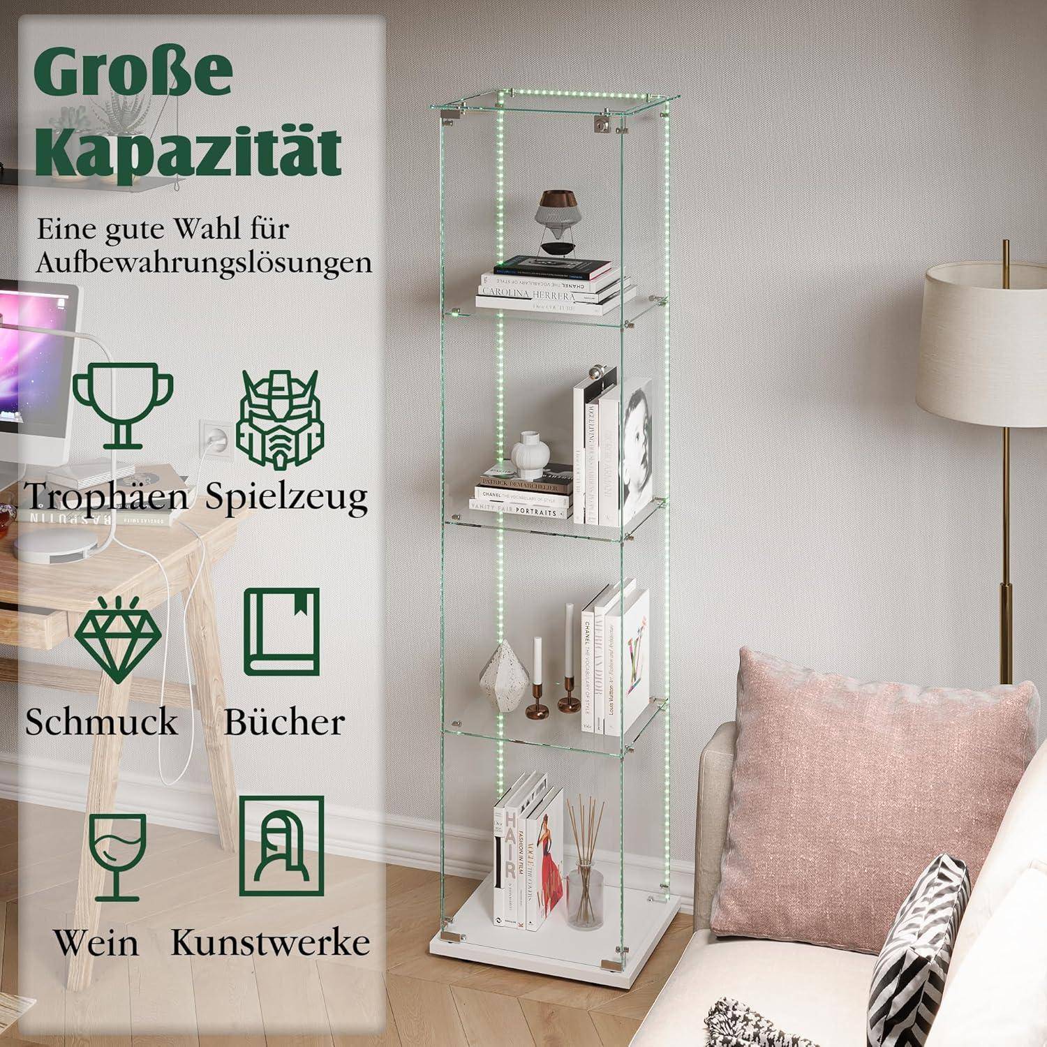 Glasvitrine Standvitrine mit LED Beleuchtung, Glasvitrine Stehend mit 4 Glasböden & 1 Glastüren abschließbar, Vitrinenschrank für Wohnzimmer Büro