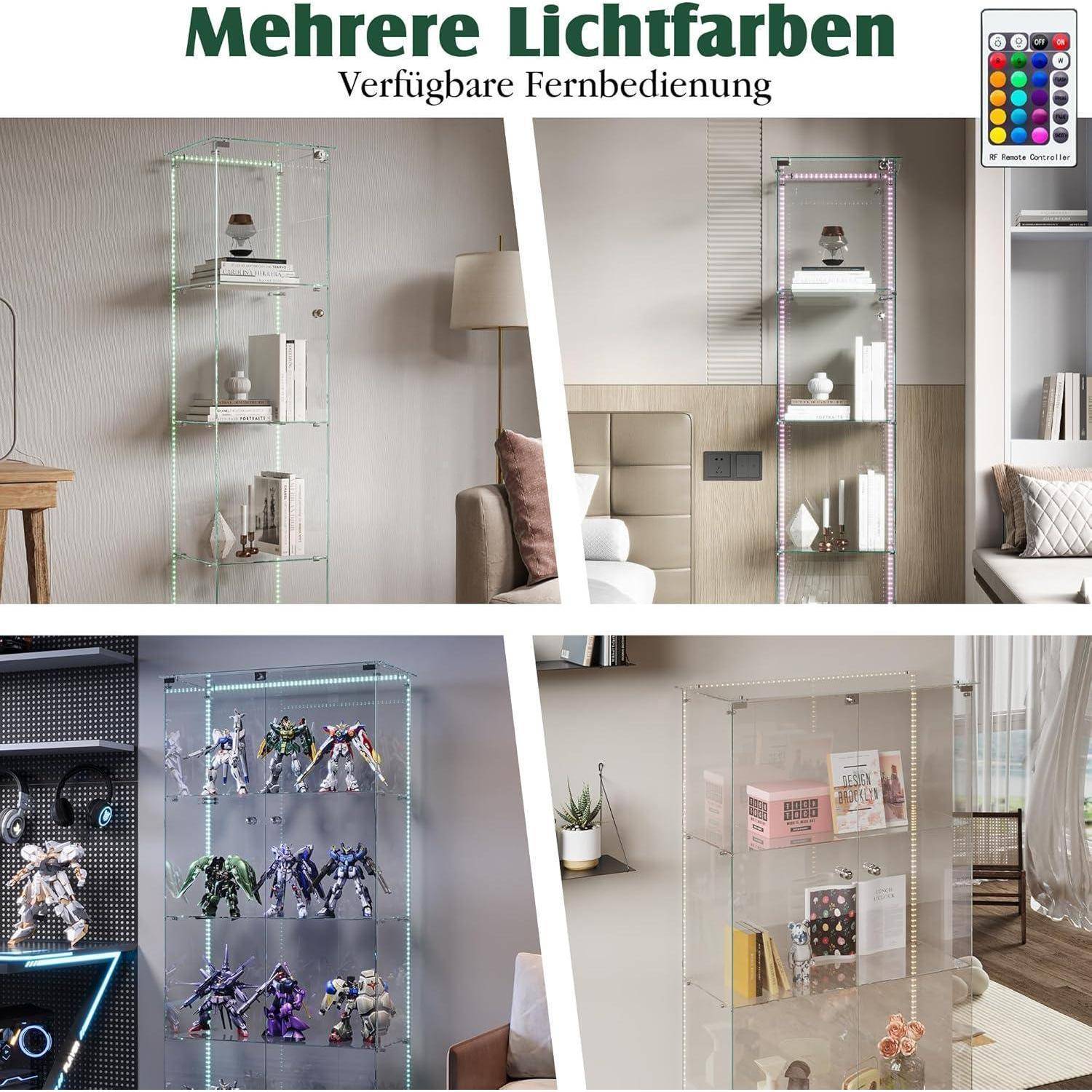 Glasvitrine Standvitrine mit LED Beleuchtung, Glasvitrine Stehend mit 4 Glasböden & 1 Glastüren abschließbar, Vitrinenschrank für Wohnzimmer Büro