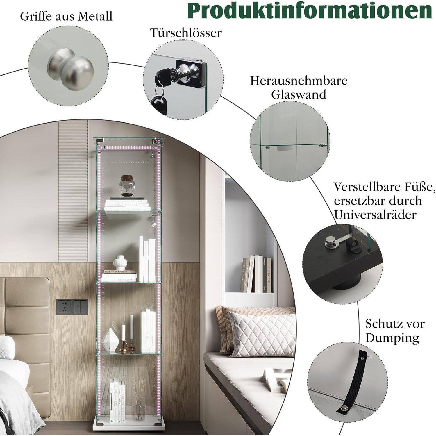 Glasvitrine Standvitrine mit LED Beleuchtung, Glasvitrine Stehend mit 4 Glasböden & 1 Glastüren abschließbar, Vitrinenschrank für Wohnzimmer Büro