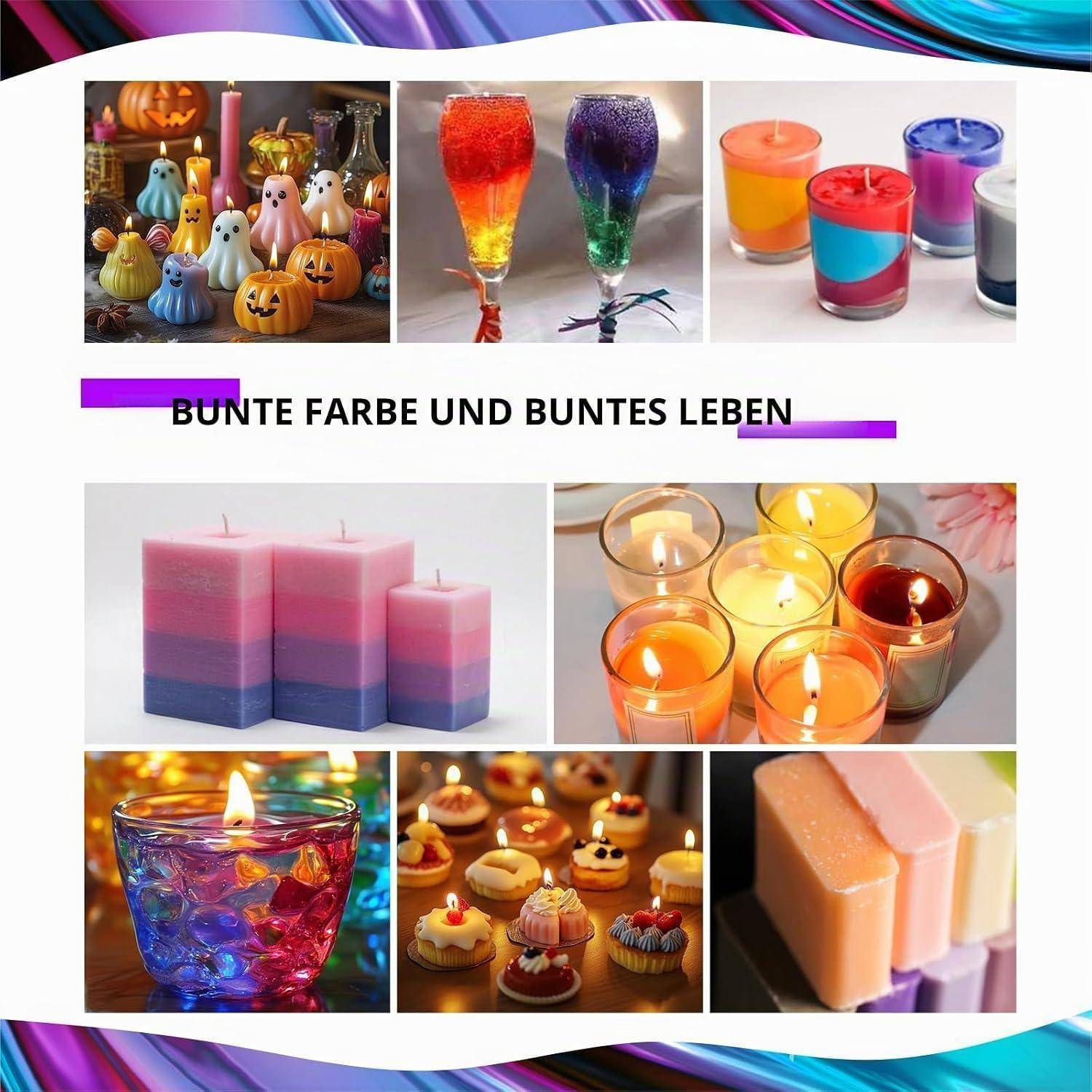 Collage aus farbenfrohen Kerzen, Halloween-Dekoration, Getränken und Süßspeisen mit dem deutschen Text „BUNTE FARBE UND BUNTES LEBEN