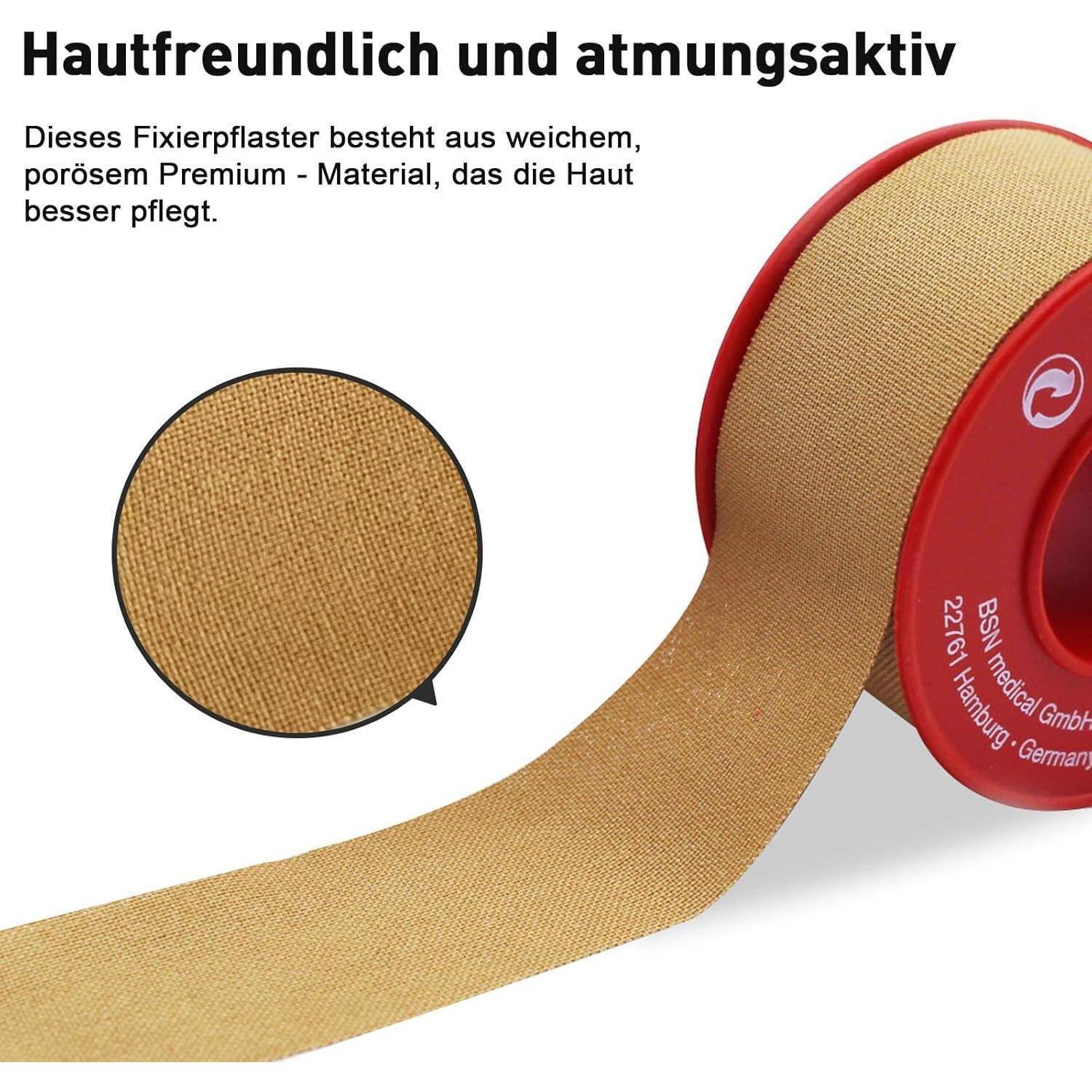 Medizinisches Klebeband-Rolle mit beige atmungsaktivem Stoffstreifen; der deutsche Text besagt, dass es hautfreundlich und atmungsaktiv ist.