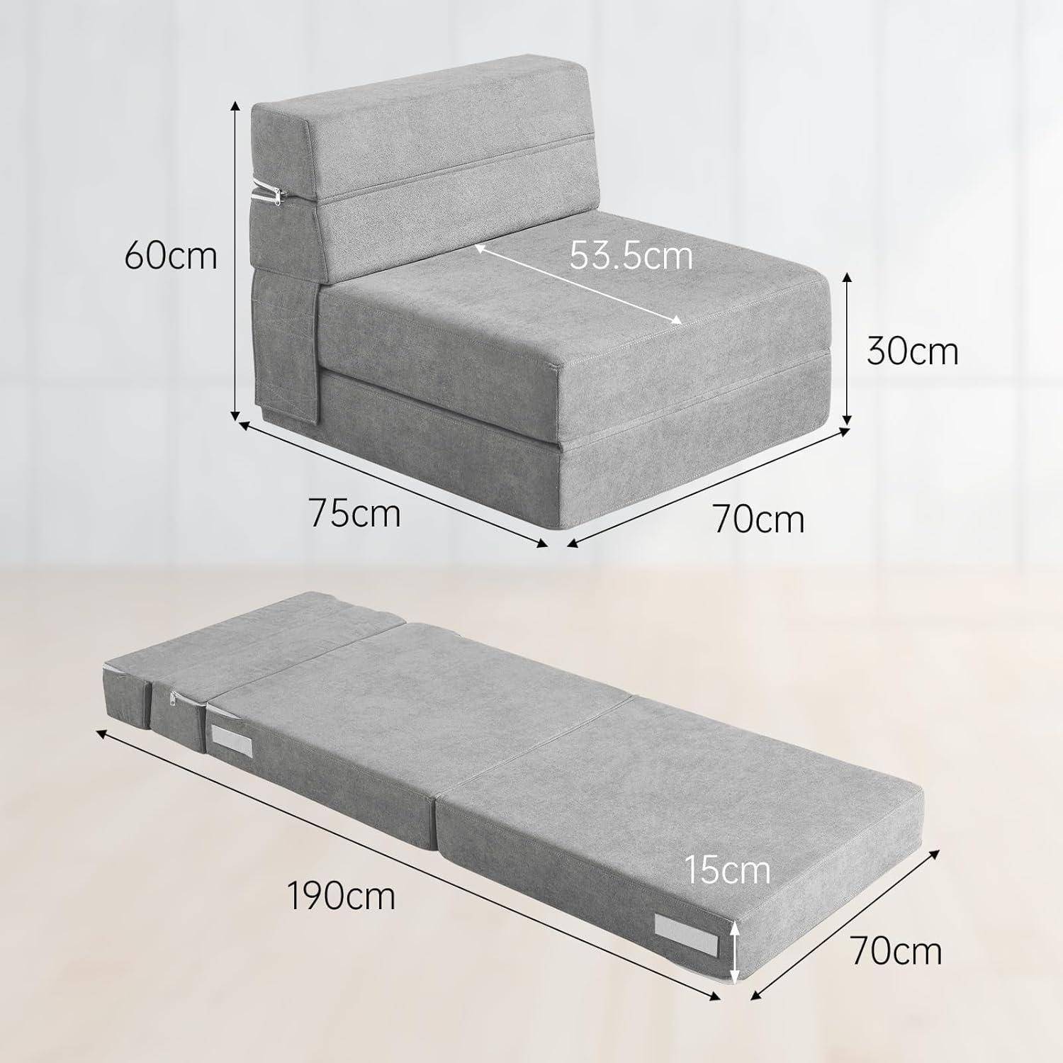ANONER 70 x 190 cm Bodensessel Schlafsessel, Schlafsofa mit Memory Schaum &amp; Kissen, Sofabett Gästesofa mit Schlaffunktion für Wohnzimmer Büro, Schl