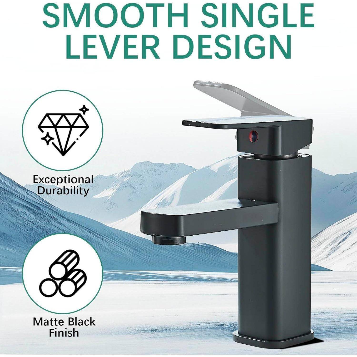 JUNSOTTOR Wasserhahn Bad Waschtischarmatur mit Pop-Up Ablaufgarnitur, Wasserhähne Eckig mit Höhe 170mm, Bad Armatur Mischbatterie Waschbeckenarmatur