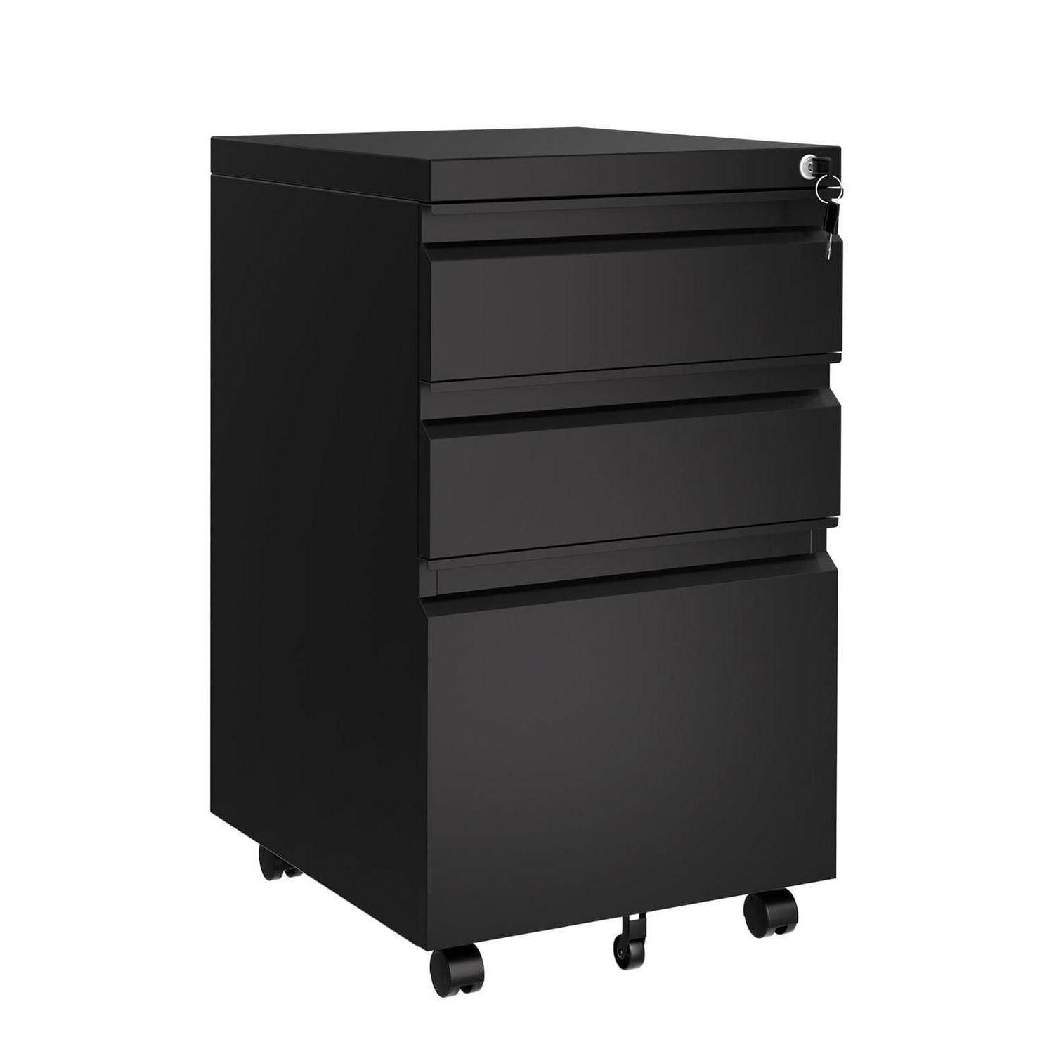 Rollschrank, Rollcontainer mit 3 Schubladen, Kommode Schubladenschrank mit Rollen, Büroschrank Aktenschrank Unterschrank, Schwarz