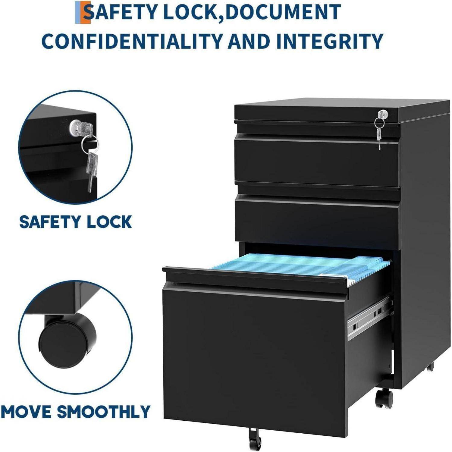 Schwarzer Aktenschrank mit Oberflächenschloss und offener Schublade, beschriftet mit „Safety Lock