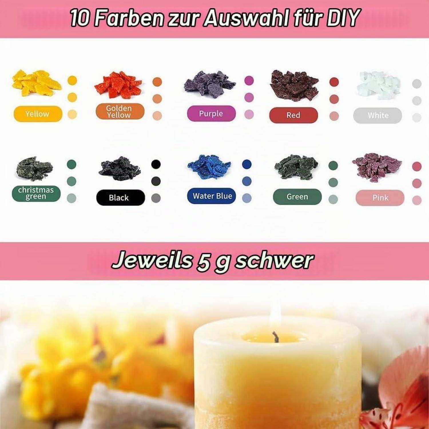 DIY-Kerzenfarbtabelle mit 10 Farbstoffoptionen: Gelb, Goldgelb, Lila, Rot, Weiß, Weihnachtsgrün, Schwarz, Wasserblau, Grün und Rosa; je 5 g.