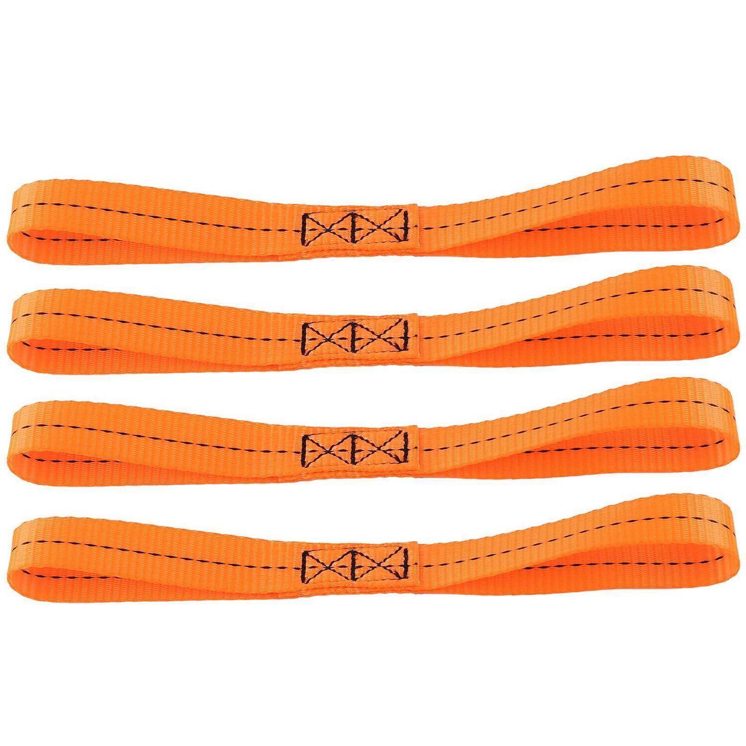 Vier orangefarbene Hebeträgern aus Gewebe, horizontal auf weißem Hintergrund angeordnet, jedes mit einer genähten Mittelschlaufensektion.