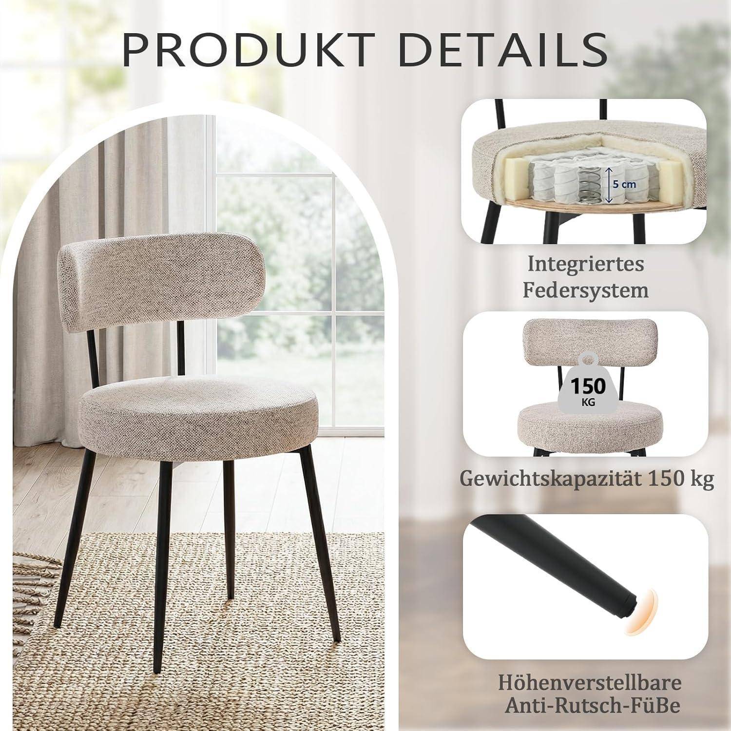 Produktdetailbild eines beige gepolsterten Stuhls auf einem Teppich mit eingefügten Bildern für integriertes Federsystem, Gewichtskapazität von 150 kg und höhenverstellbare rutschfeste Füße.