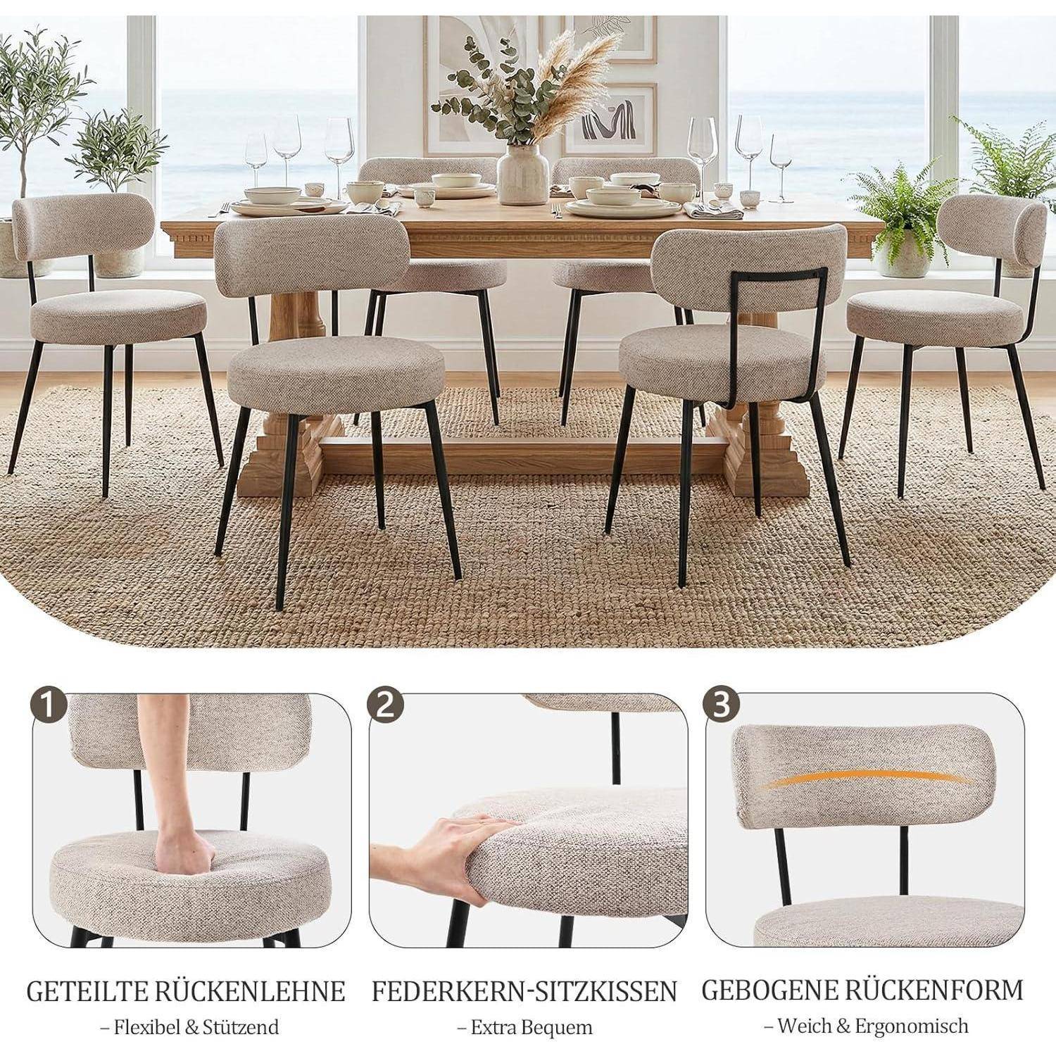 Sechs beige gepolsterte Esszimmerstühle um einen Holztisch herum, mit eingefügten Nahaufnahmen, die die geteilte Rückenlehne, das Federsitzkissen und die geschwungene Rückenlehne hervorheben.