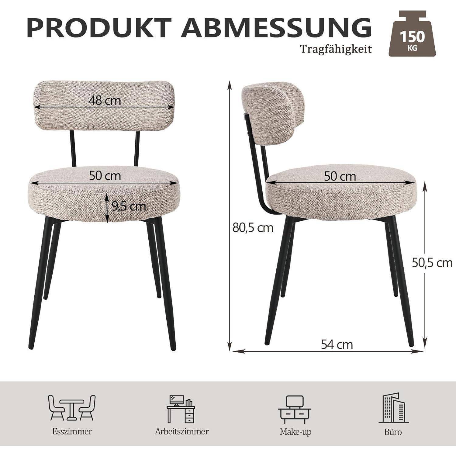 Produktabmessungen-Diagramm für einen beigen gepolsterten Stuhl: 48 cm Rückenlehnenbreite, 50 cm Sitzbreite, 9,5 cm Sitztiefe, 54 cm Tiefe, 80,5 cm Gesamthöhe, 50,5 cm Sitzhöhe, 150 kg Tragfähigkeit.