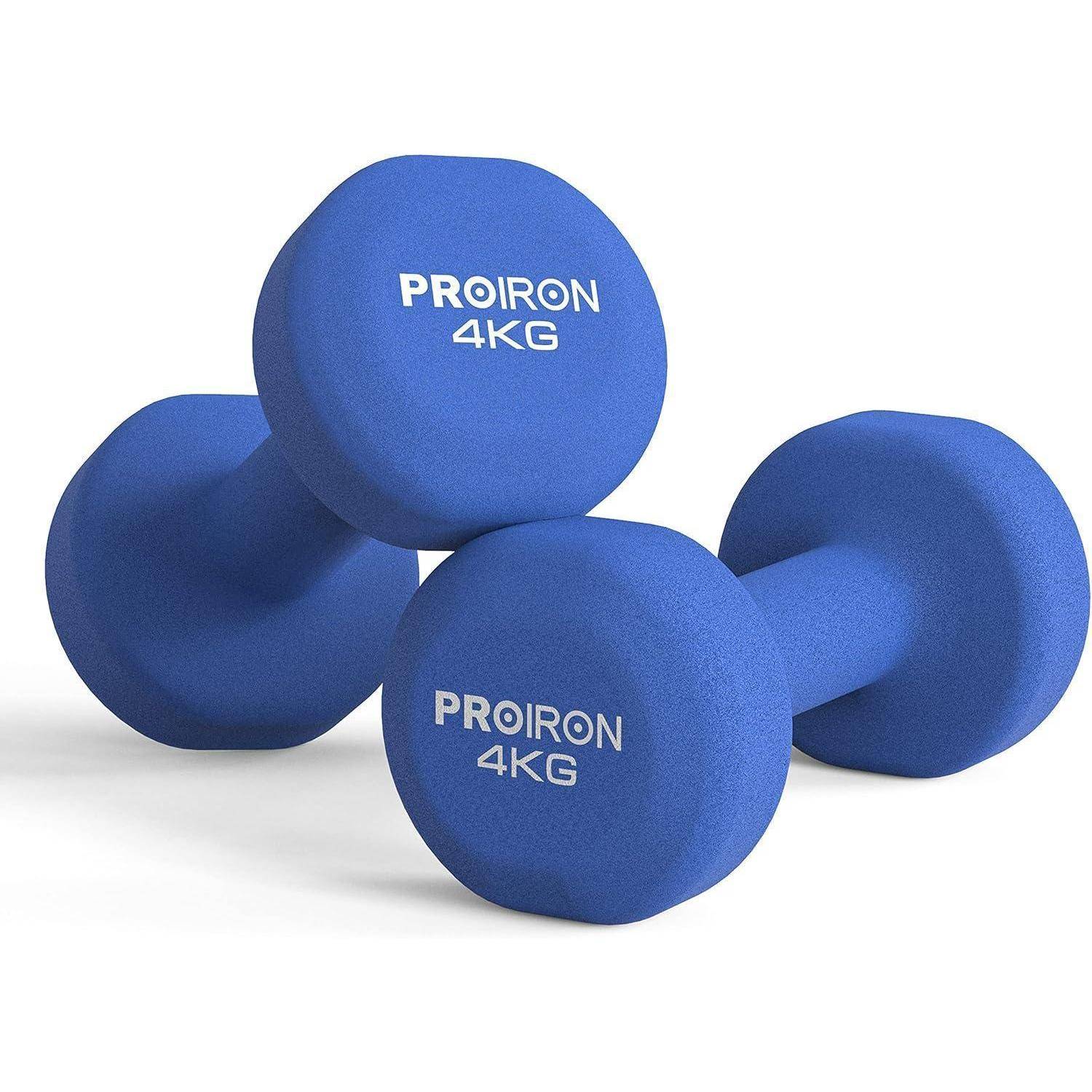 Zwei blaue 4-kg-Hanteln mit der Aufschrift „PROIRON