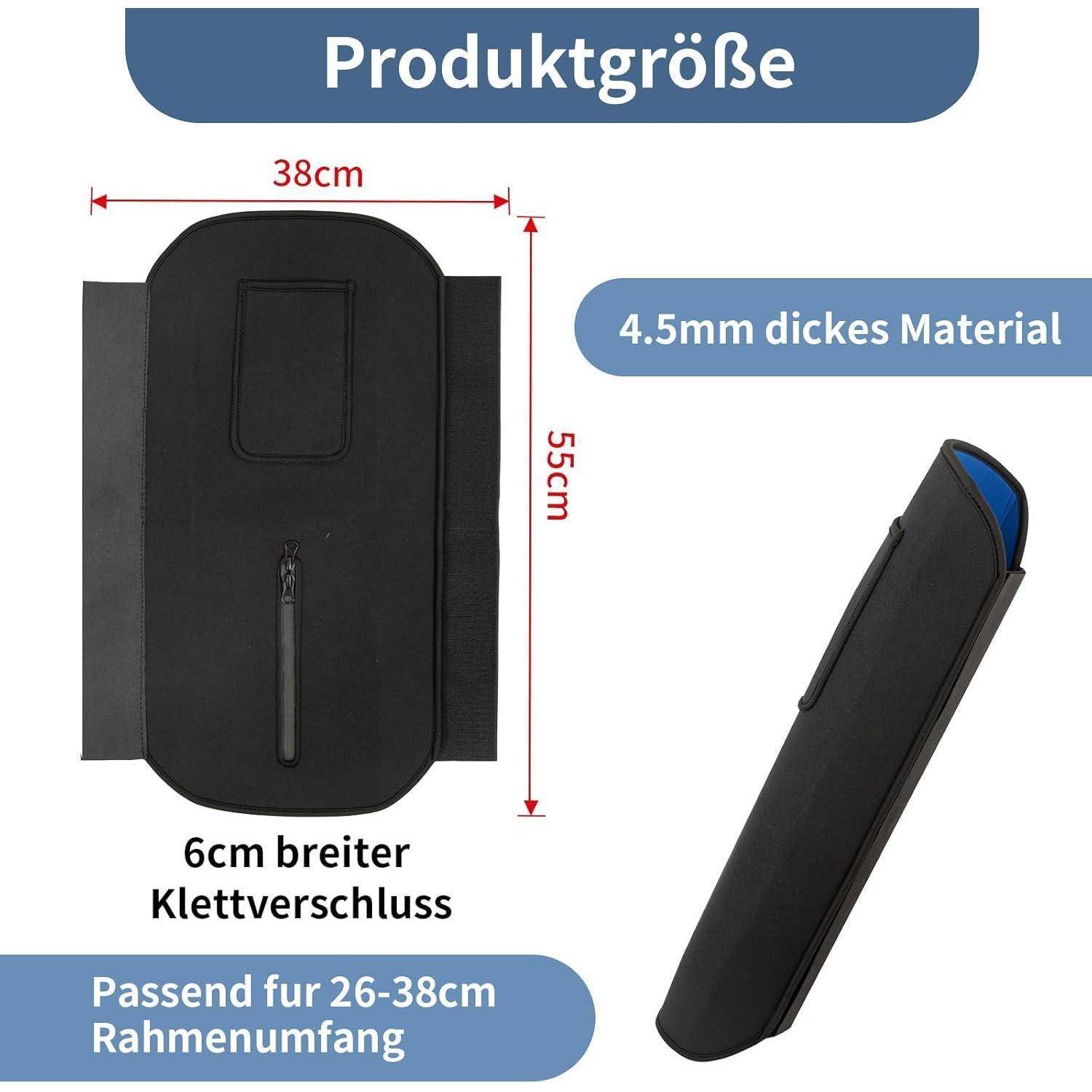 Produktgrößendiagramm einer schwarzen Schutzhulle mit 38 cm Breite und 55 cm Länge, 4,5 mm dickes Material, 6 cm breites Klettverschluss, passt auf 26–38 cm Rahmenumfang.