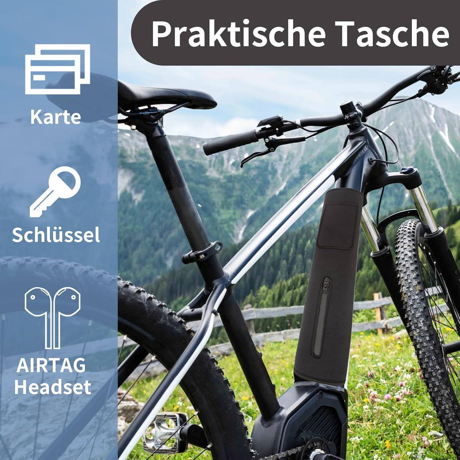 E-Bike-Rahmentasche mit der Aufschrift „Praktische Tasche", zeigt Stauraum für Karte, Schlüssel und AirTag-Kopfhörer.