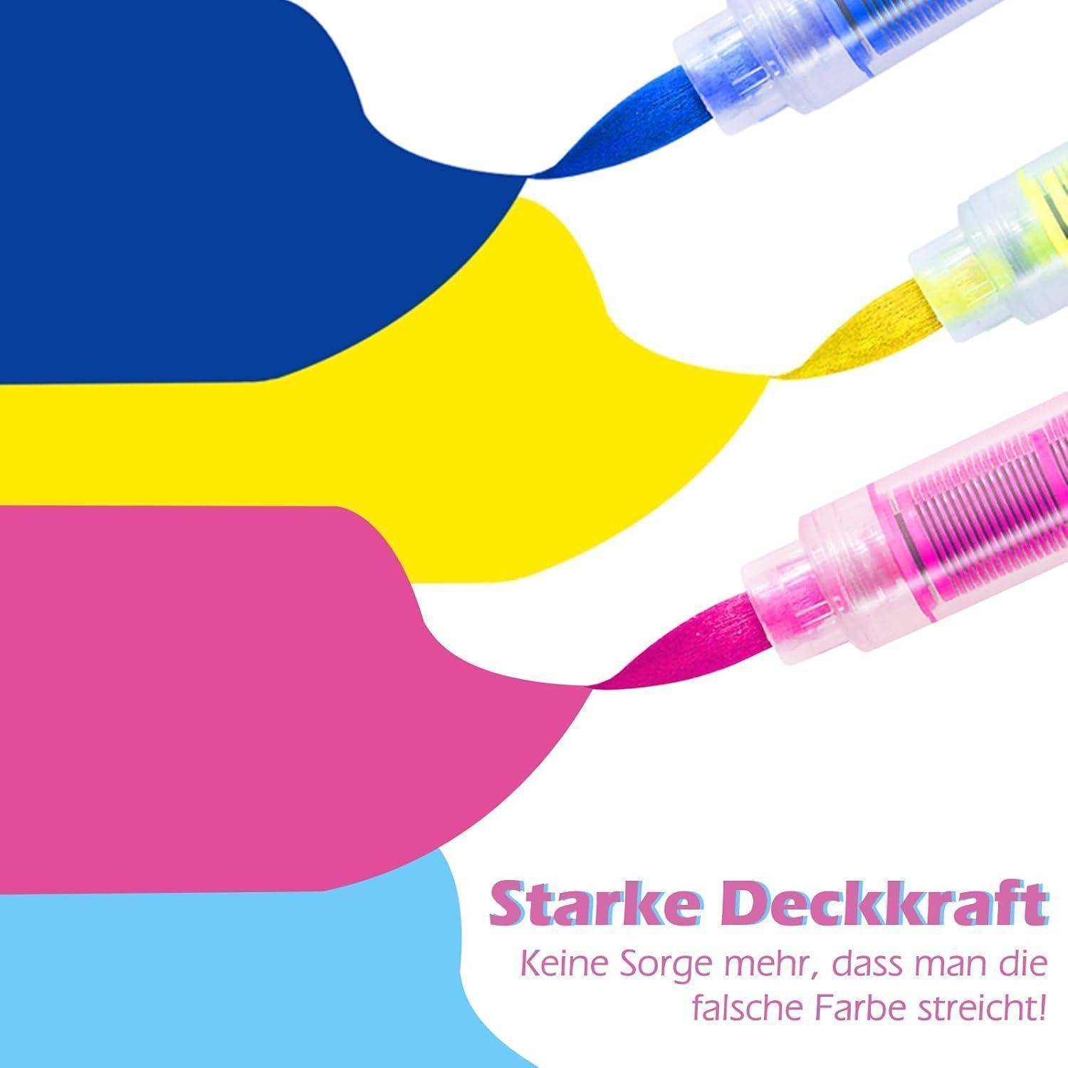 Vier bunte Lackmarker zeichnen kräftige blaue, gelbe, rosa und hellblaue Farbmuster; der Text lautet „Starke Deckkraft