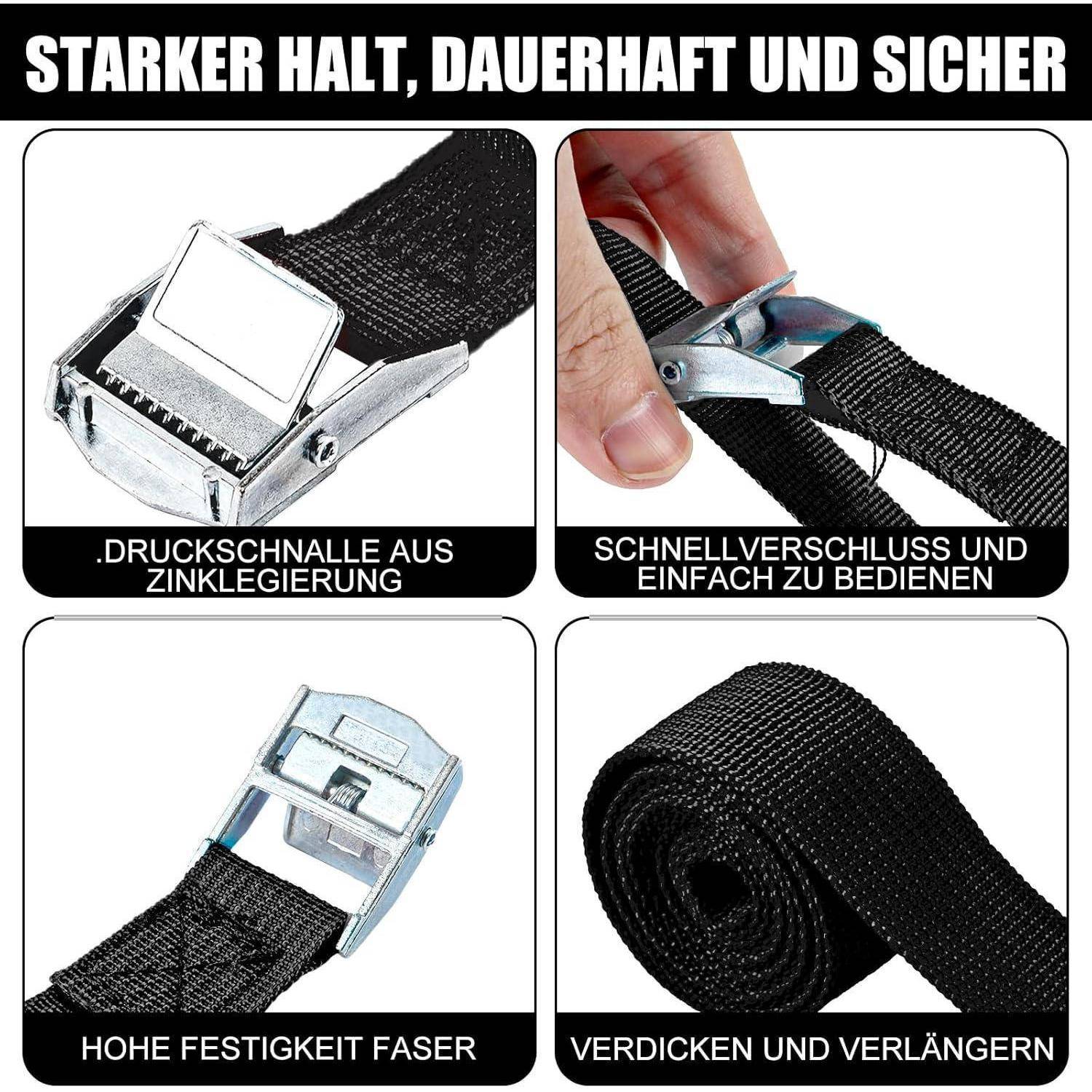 10 Stück Spanngurte Schwarz kurz, Spanngurte 5m, Verstellbare Zurrgurt Spanngurt mit Klemmschloss, 25mm Spanngurt Fahrradträger, Gepäckträgergurte