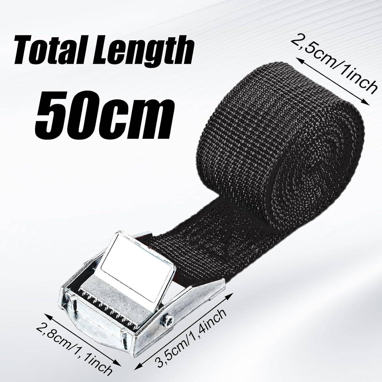Produktfoto eines schwarzen verstellbaren Webbing-Riemens mit Metallschnalle; gekennzeichnet mit Gesamtlänge 50cm, Riemenbreite 2,5cm, Schnallengröße 2,8cm mal 3,5cm.