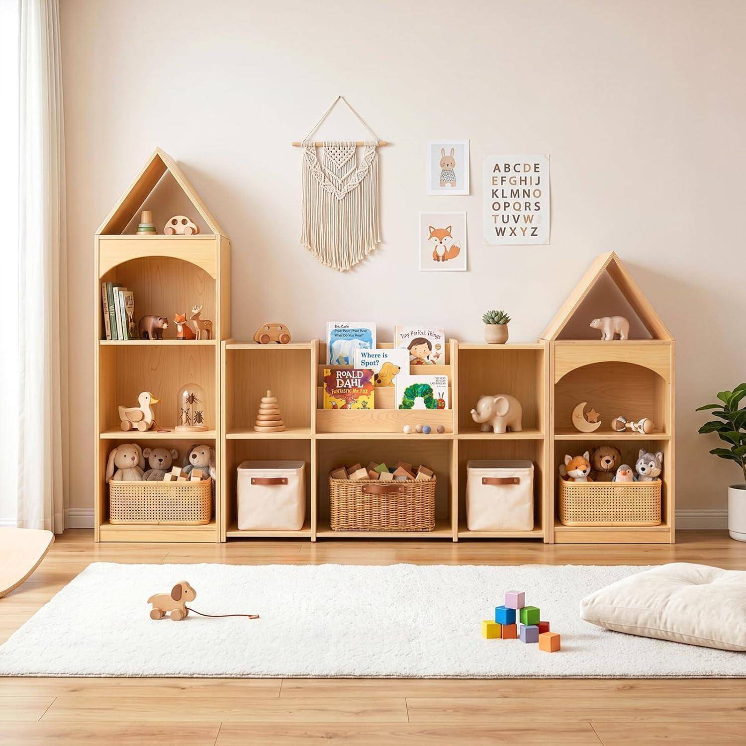 Kinderspielzimmer mit niedrigen Holzregalschränken, die Bücher und Spielzeug halten, Wandalphabet-Drucke, Makramé-Deko und einen Teppich mit Bausteinen und einem Spielzeughund.