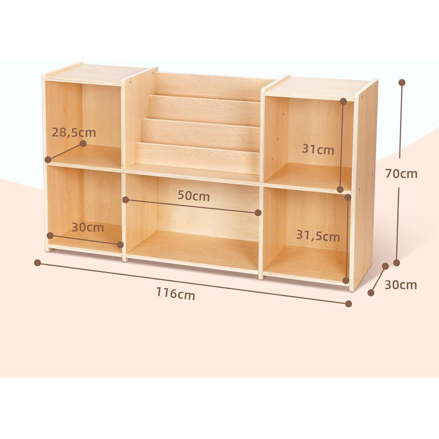 Holzregal mit Stauraum mit sechs Fächern und zentraler Lamellenpaneelrückseite, beschriftet mit den Abmessungen 116 cm breit, 70 cm hoch, 30 cm tief.