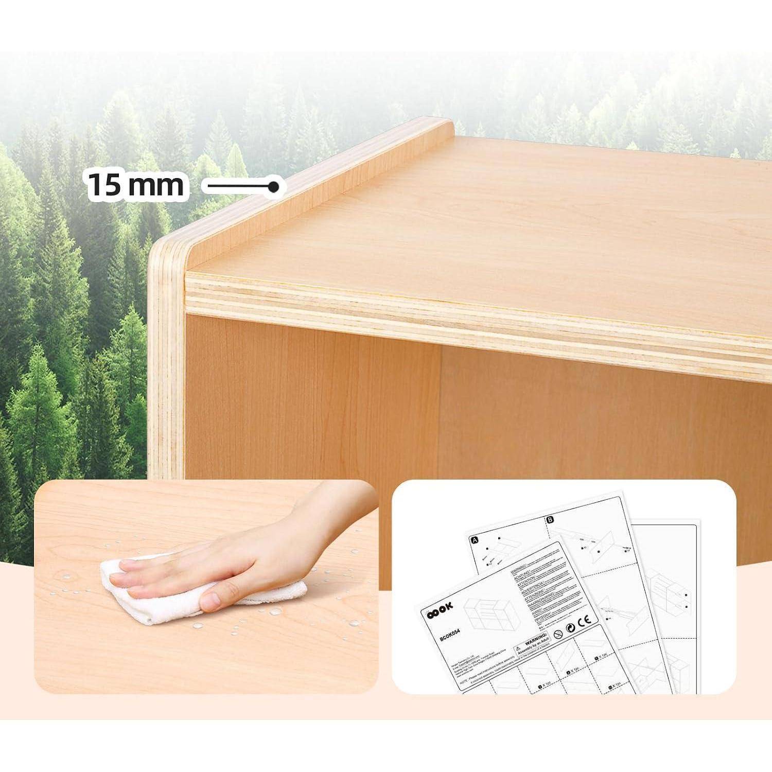Nahaufnahme einer Holzschreibtischkante, die eine 15 mm dicke abgerundete Tischplatte zeigt; eingefügte Bilder zeigen die Oberflächenreinigung und Montageanleitungen.